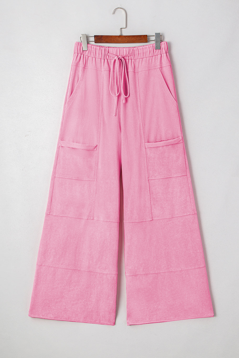 Bonbon Mineral Wash Exposed Seam Drawstring Elastic Waistband Wide Leg Cargo Pants