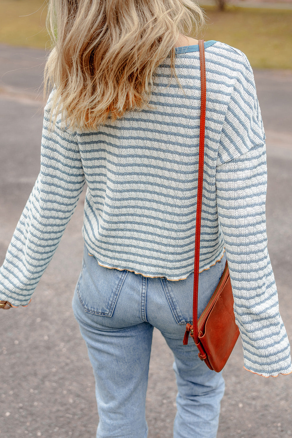Brown Stripe Textured Long Sleeve Top