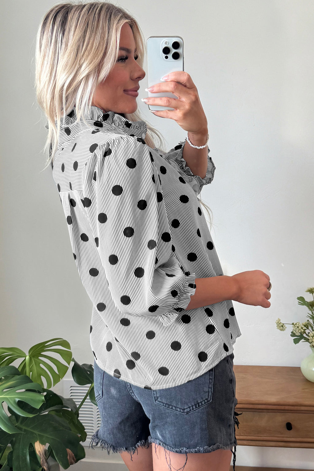 Sky Blue Polka Dot Print Ruffle Stand Neck 3/4 Sleeve Shift Shirt