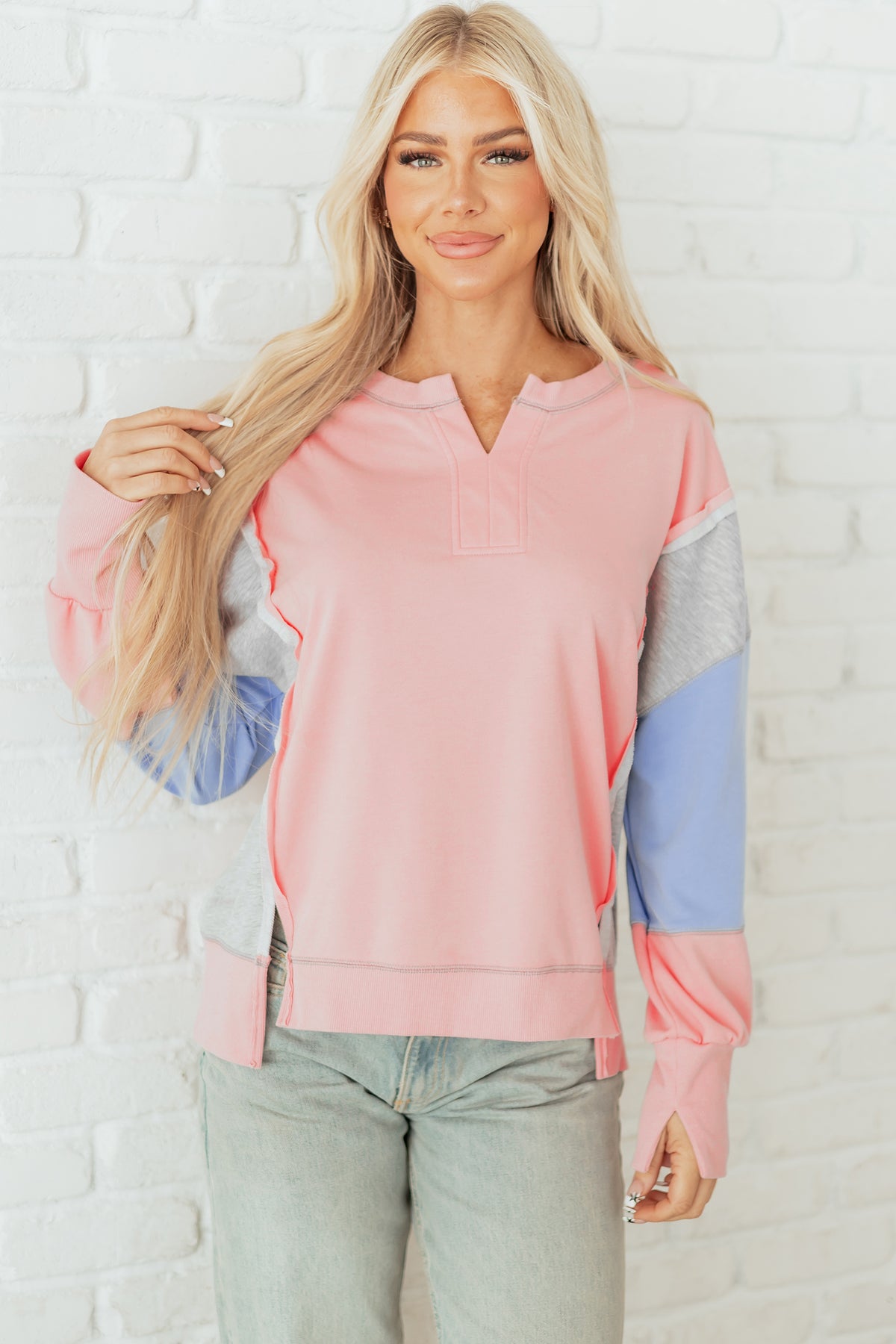 Apricot Pink Exposed Seam Color Block Oversize Sweatshirt