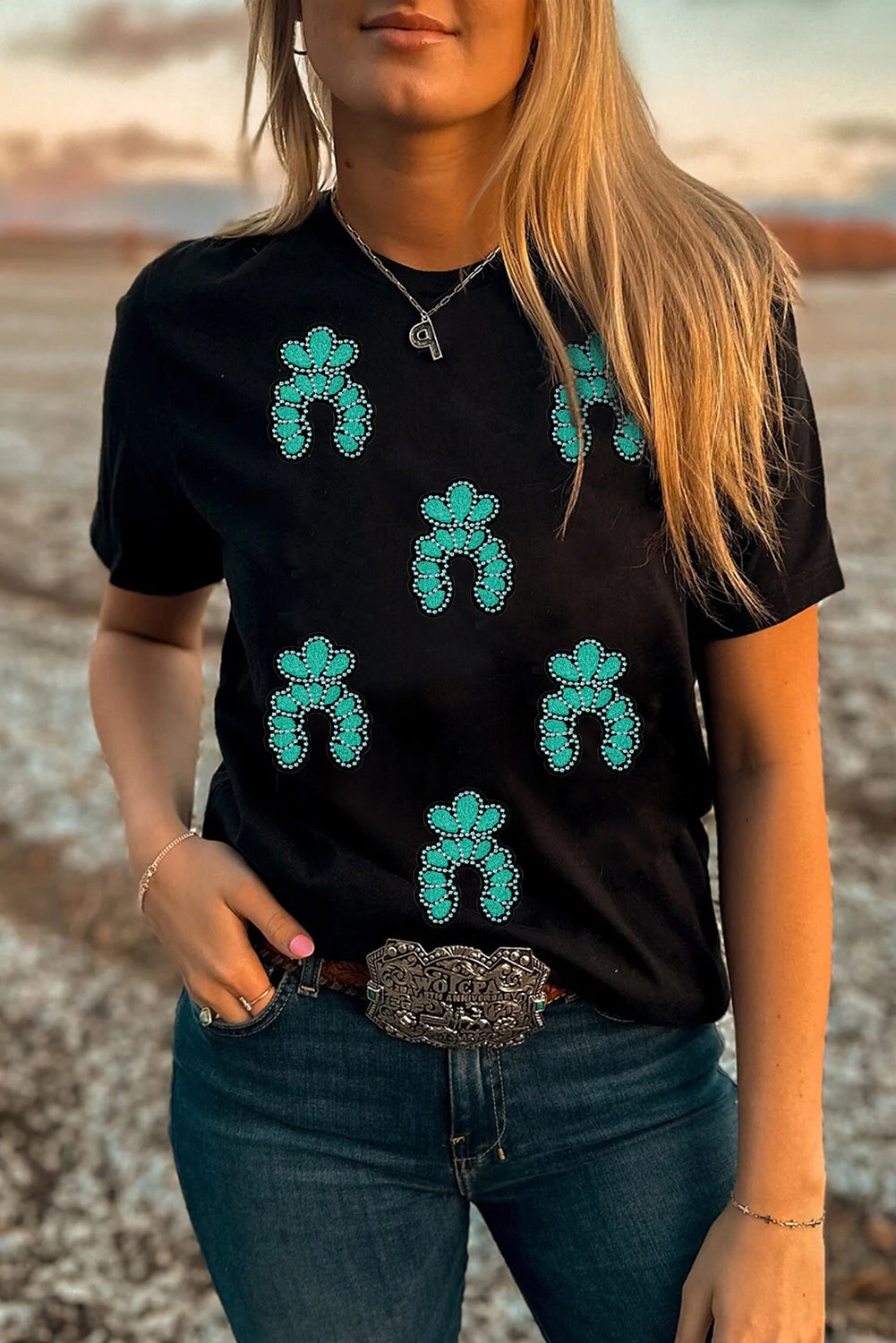Black Western Turquoise Pattern Sequin Patched T Shirt