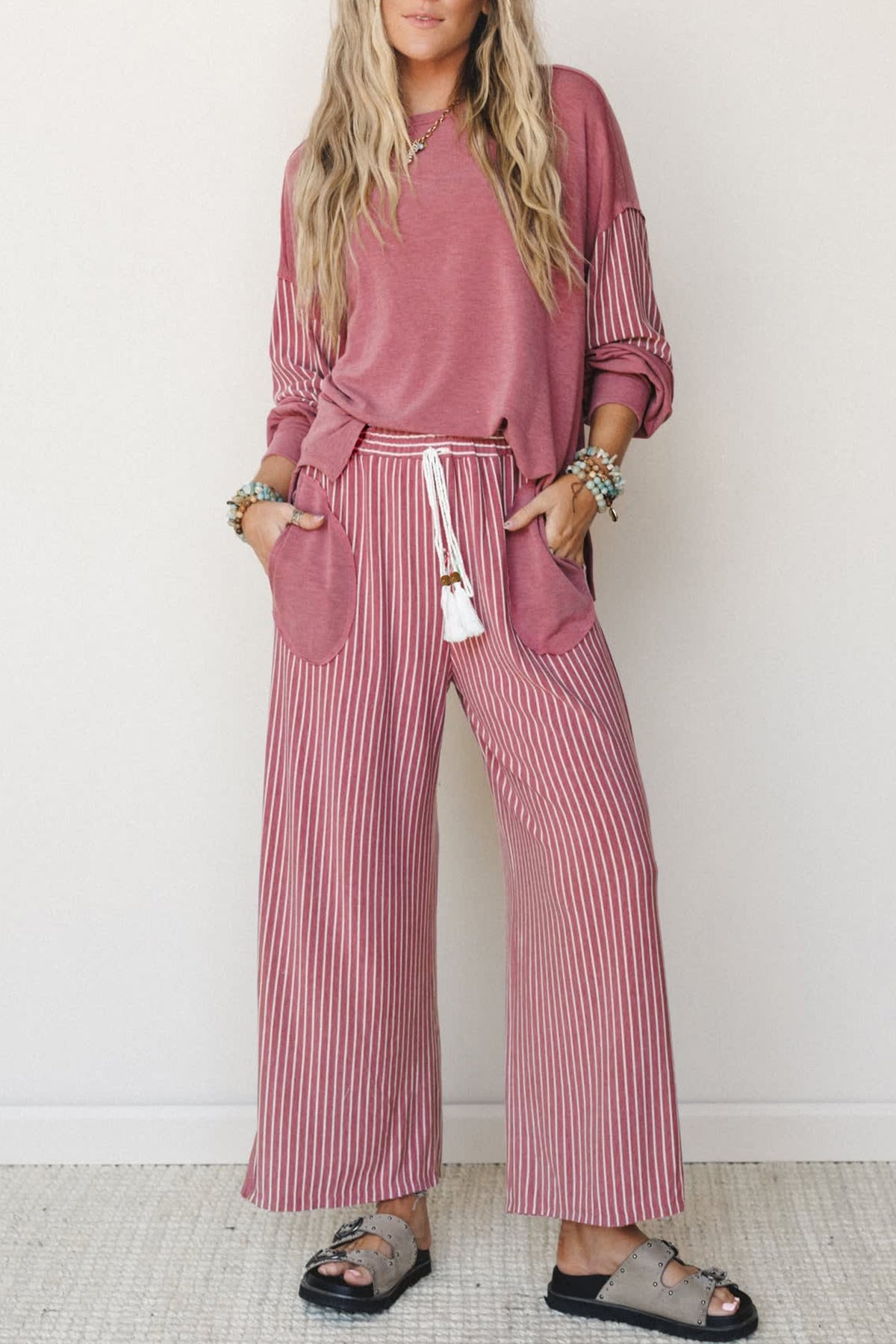 Fushia Raw Seam Long Sleeve Top Pocket Pants Set