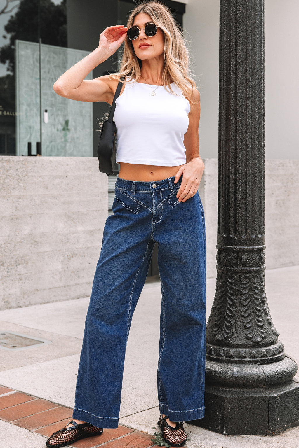 Sail Blue Stitched Waist Detail Loose Cuffed Jeans
