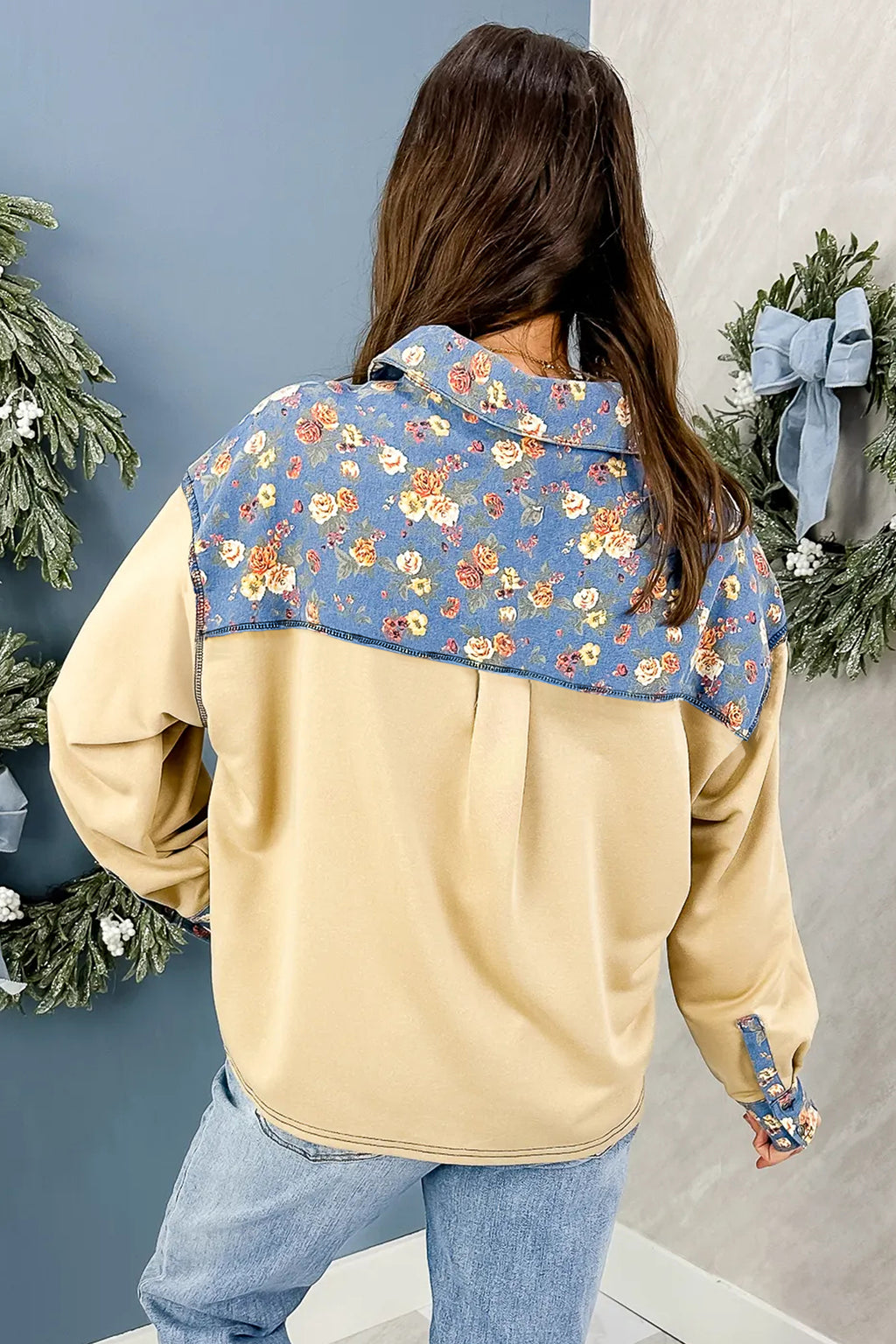Apricot Floral Denim Long Sleeve Pullover Top