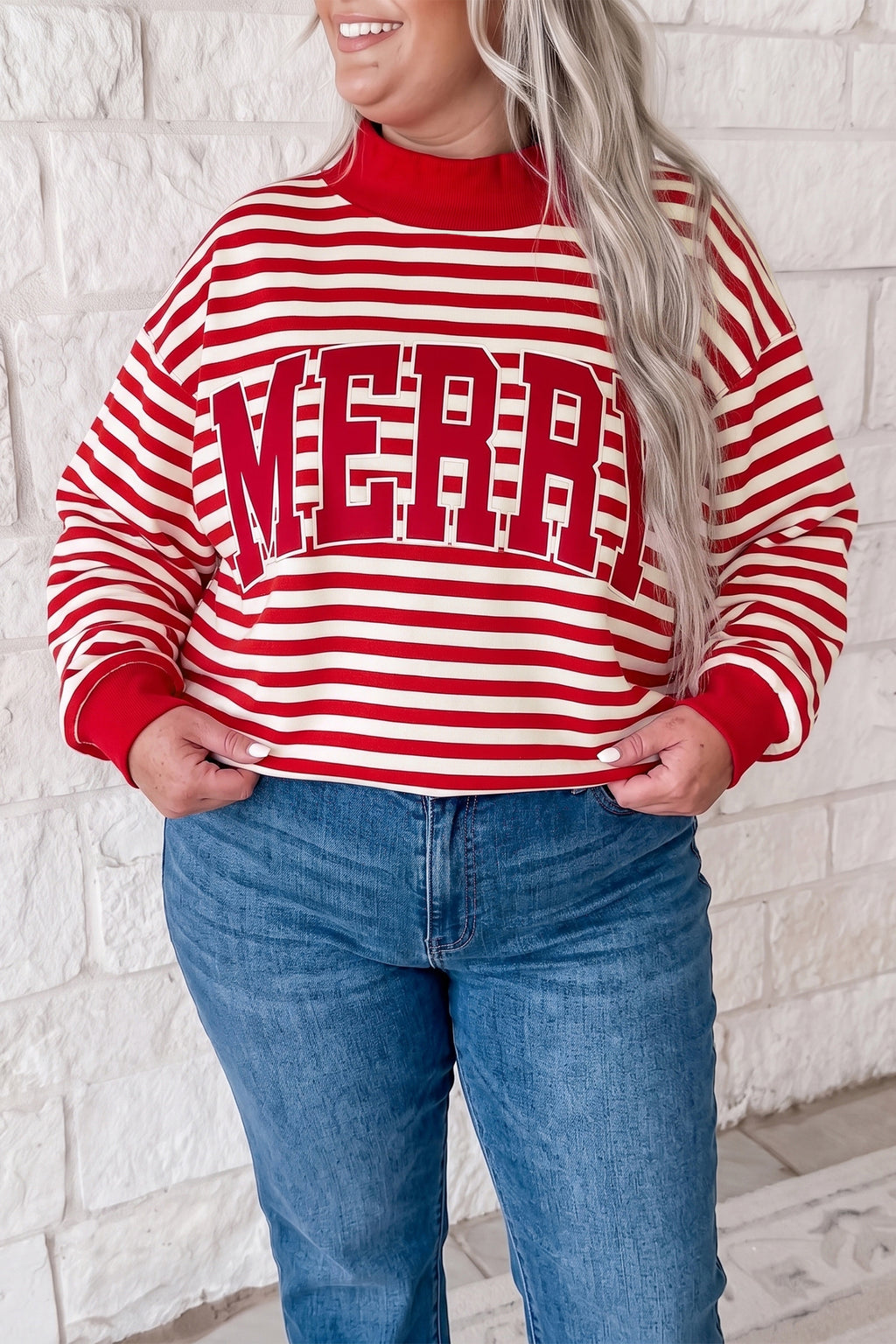 Red Stripe Plus Size Pullover Sweatshirt