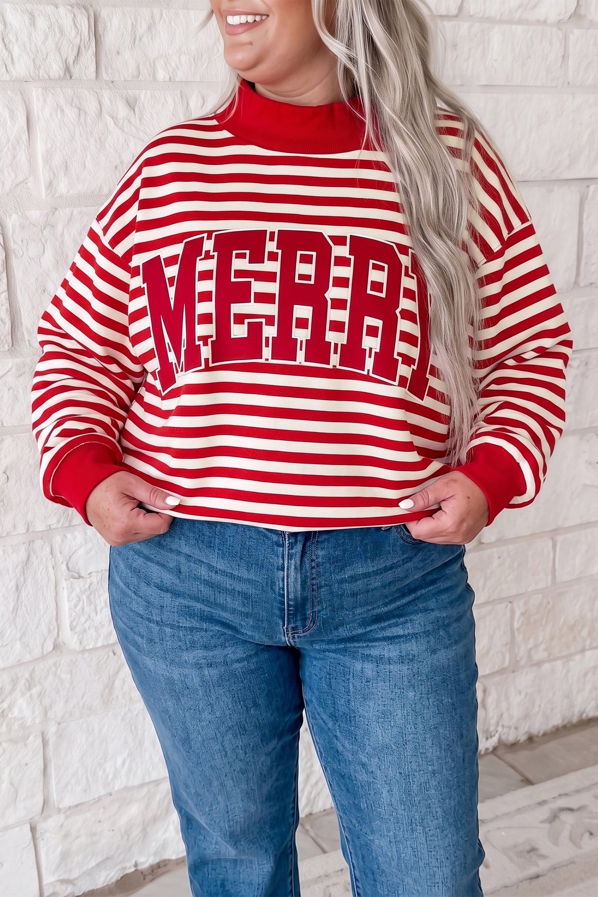Red Stripe Plus Size Pullover Sweatshirt