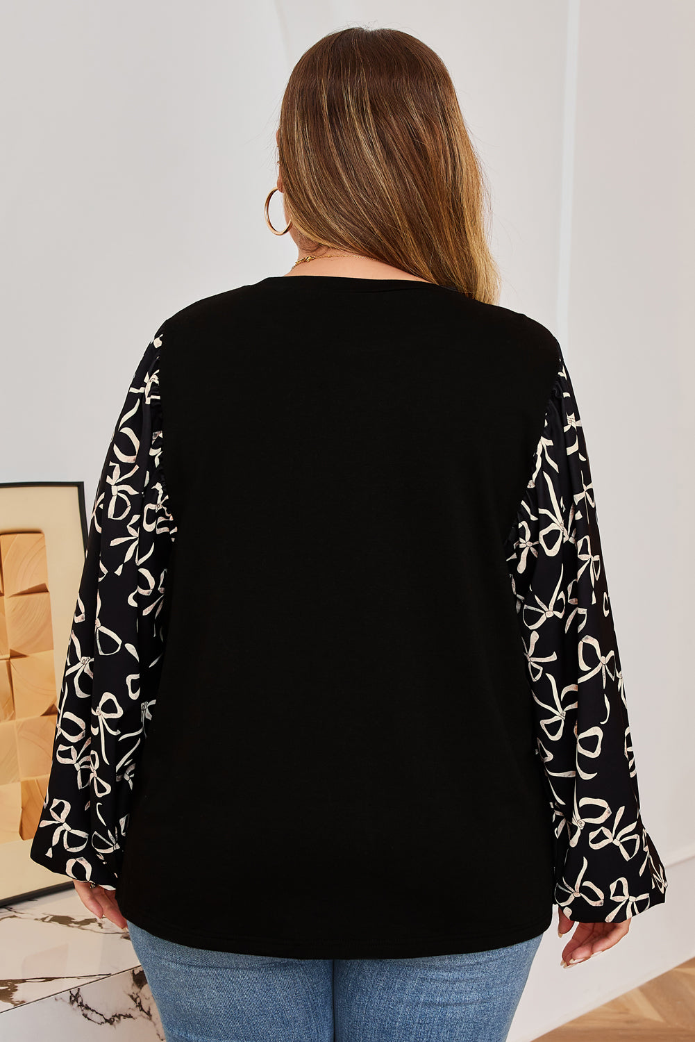 Black Bow Knot Patchwork Crewneck Plus Size Blouse