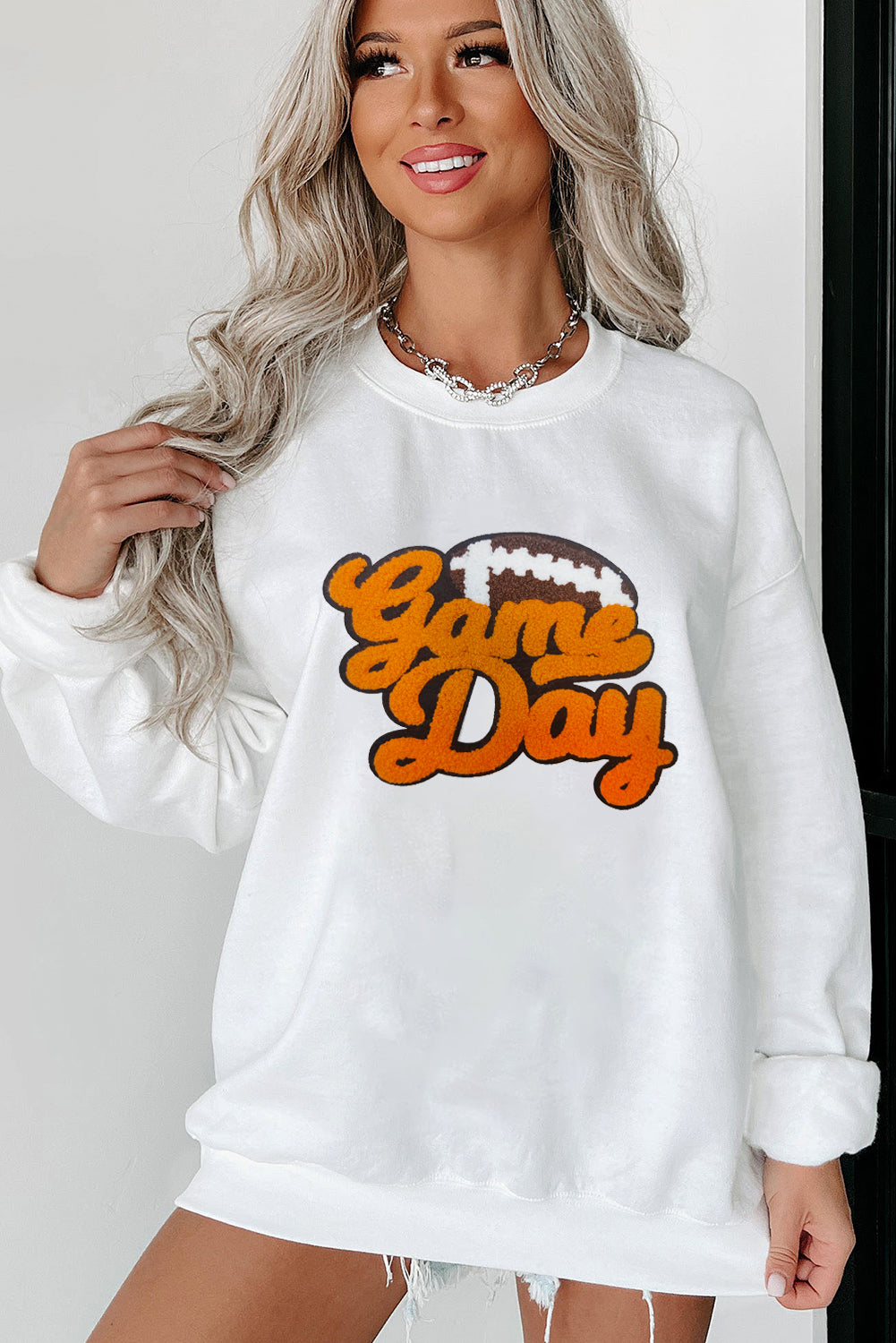 White Chenille Game Day Pullover Sweatshirt