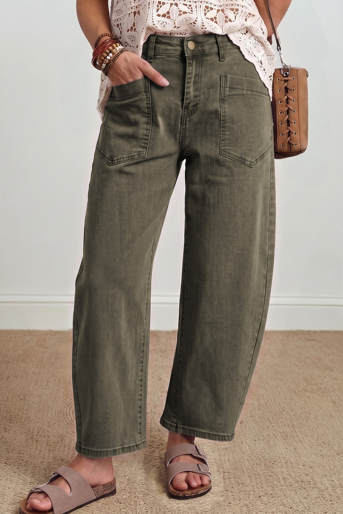 Coffee Solid Color Barrel Jeans