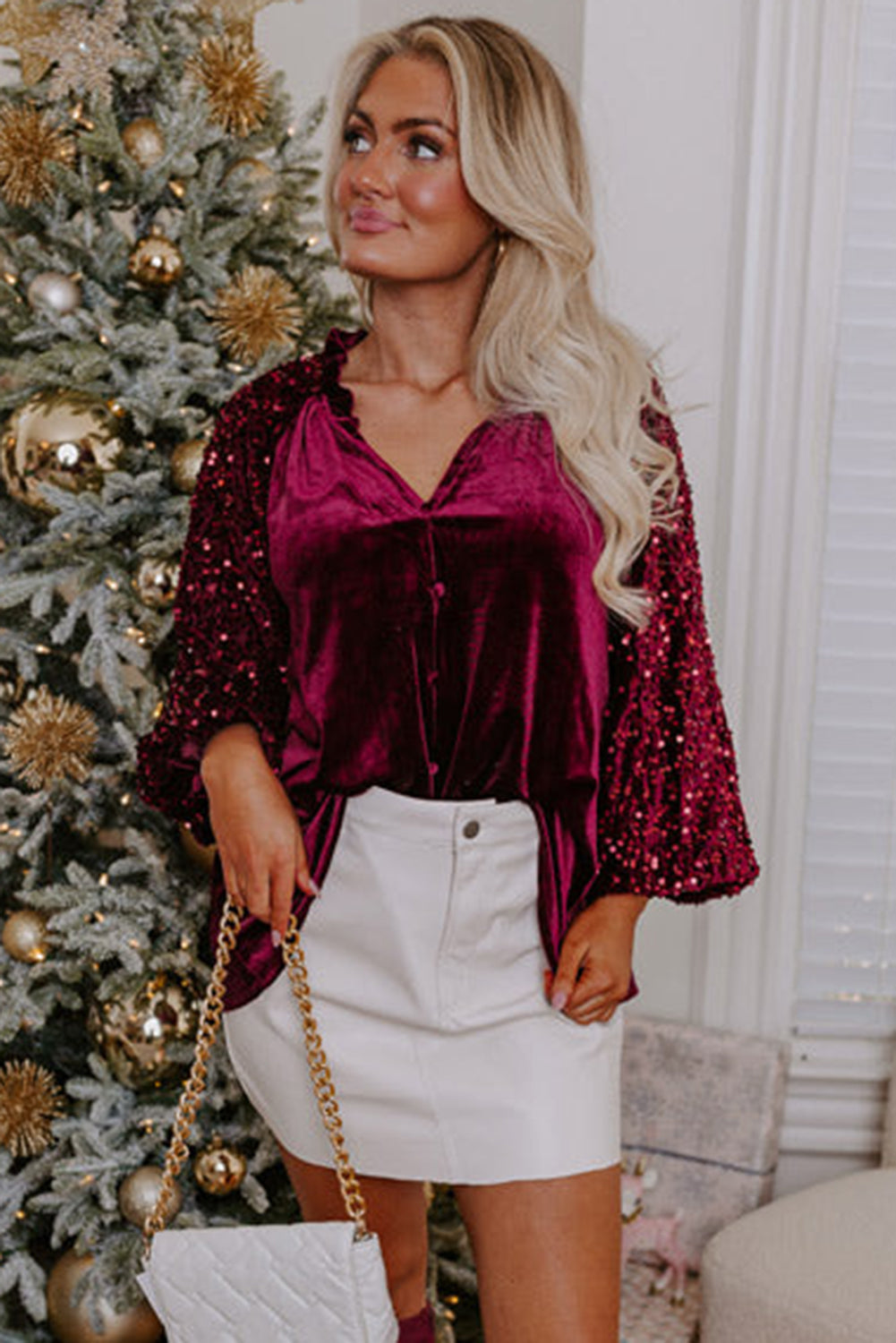 Red Dahlia Sequin Patchwork Button Up Velvet Top