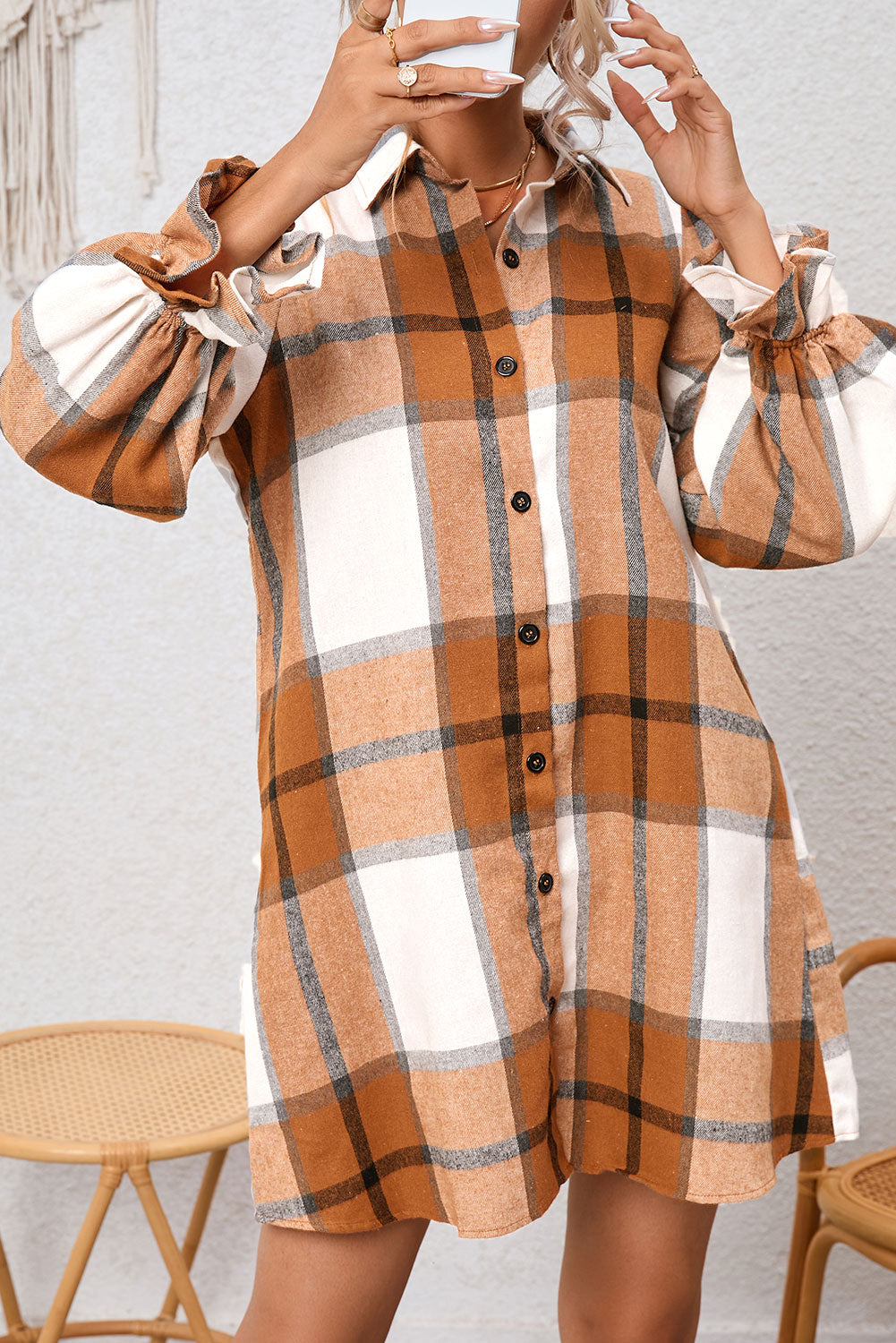 Khaki Plaid Pattern Shirt Dress
