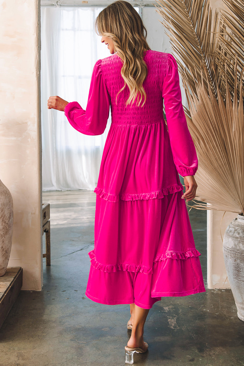 Rose Red Shirred Velvet Dress