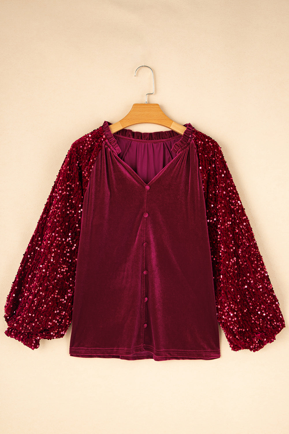 Red Dahlia Sequin Patchwork Button Up Velvet Top