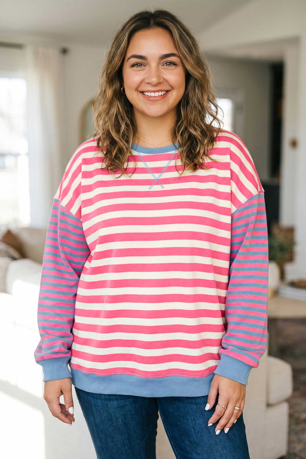 Pink Stripe Plus Size Sweatshirt