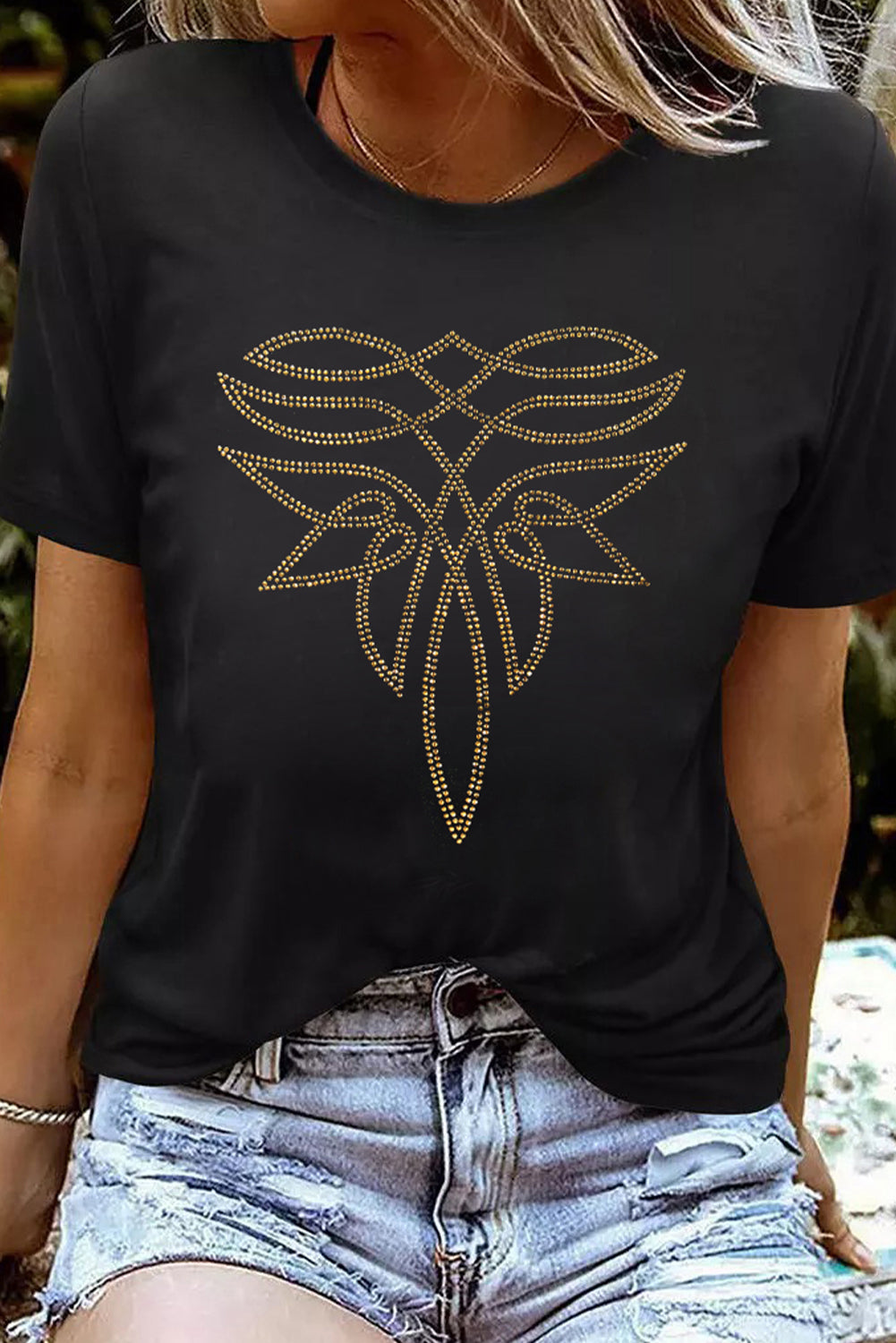 Black Rhinestone Western Pattern Cotton Blend Graphic T Shirt
