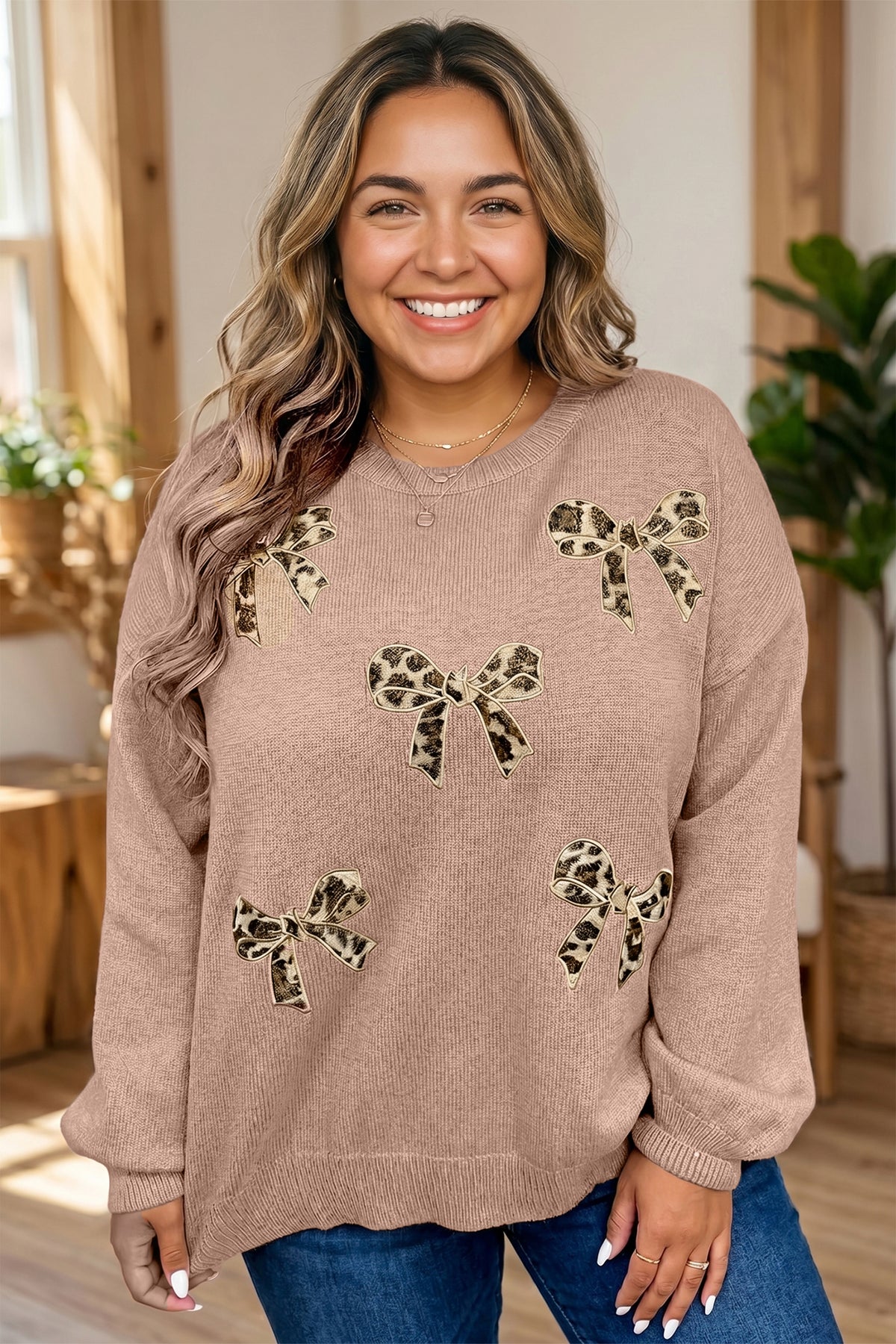Dark Khaki Leopard Plus Size Sweater
