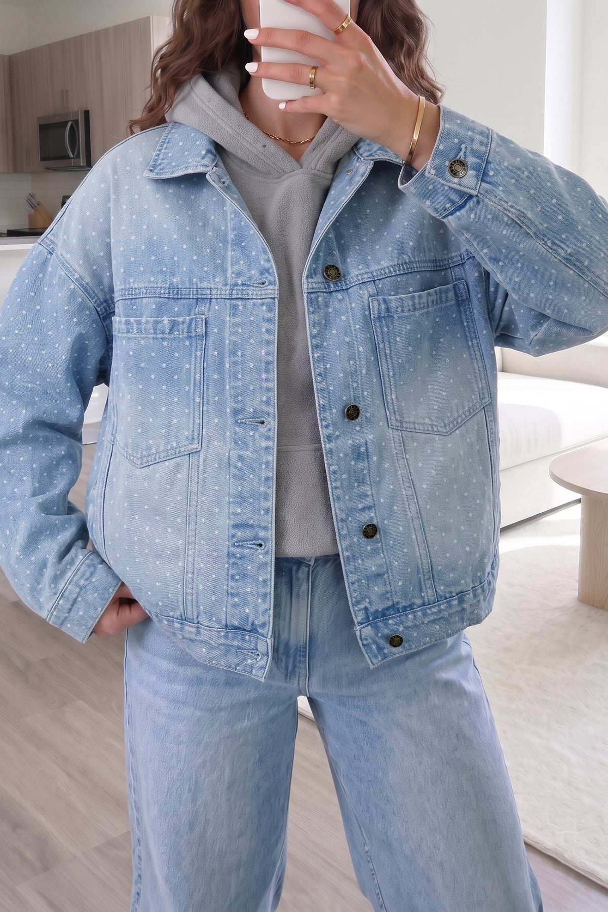 Sky Blue Polka Dot Long Sleeve Denim Jacket