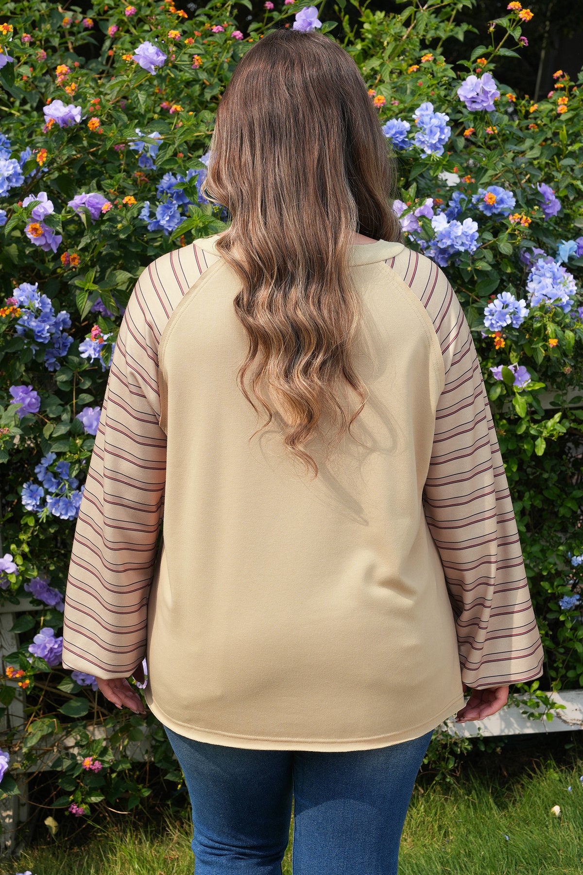 Parchment Striped Raglan Sleeve Notched Neck Raw Edge Plus Size Jumper