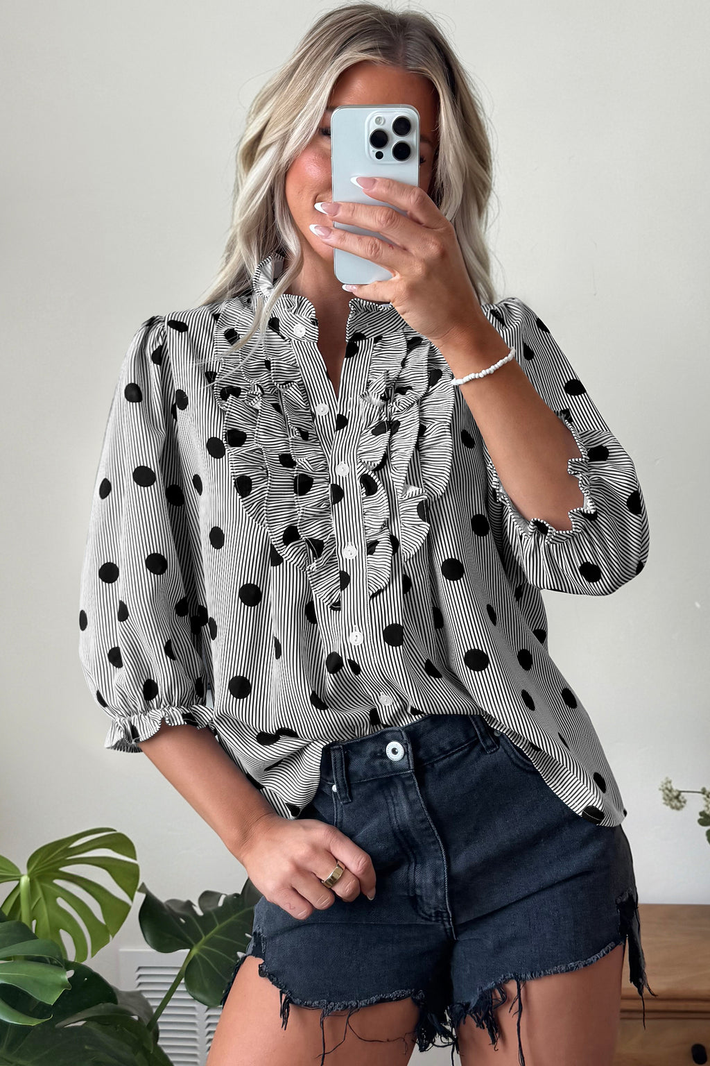 Sky Blue Polka Dot Print Ruffle Stand Neck 3/4 Sleeve Shift Shirt