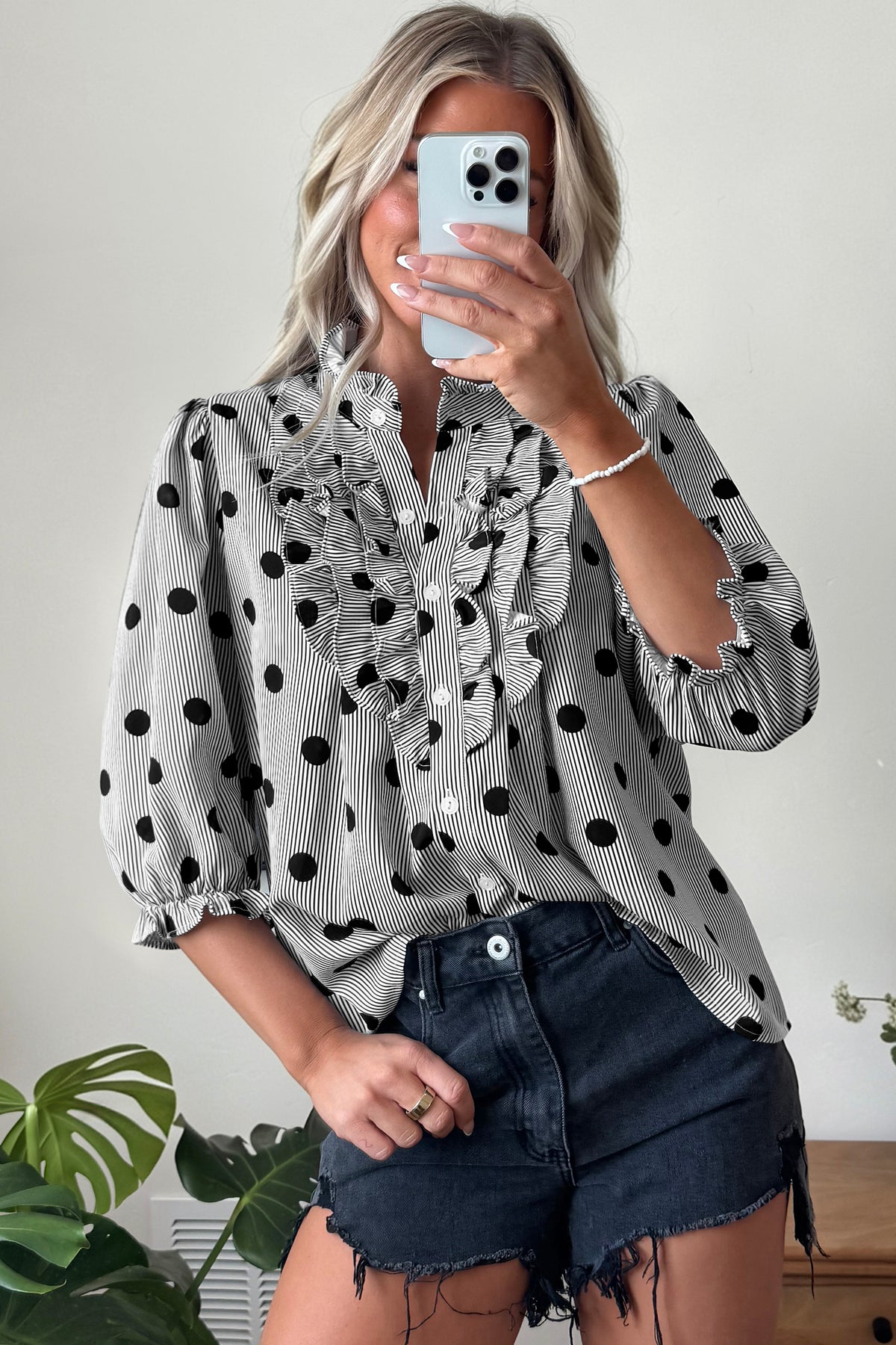 Sky Blue Polka Dot Print Ruffle Stand Neck 3/4 Sleeve Shift Shirt