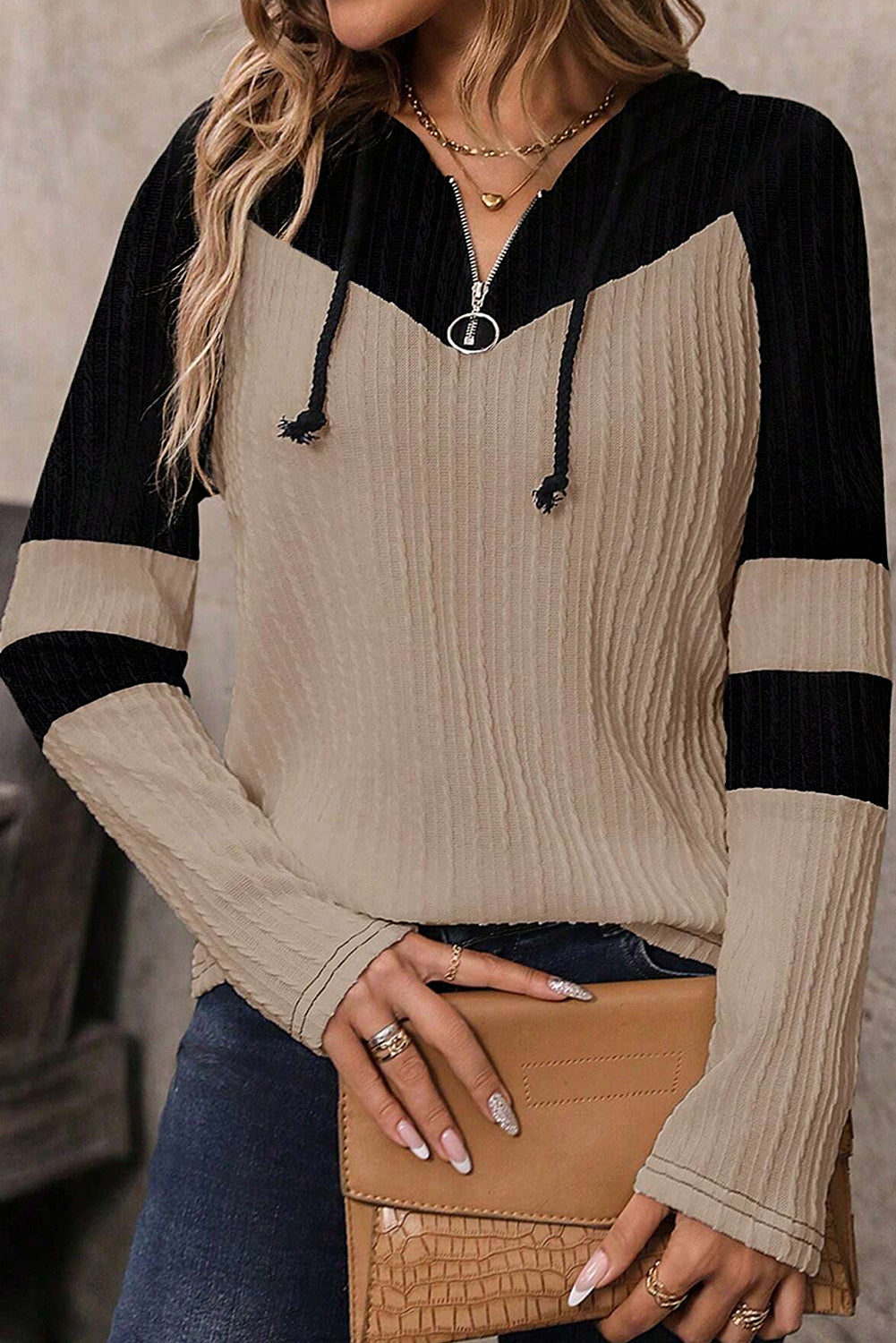 Parchment Textured Drawstring Hooded Top