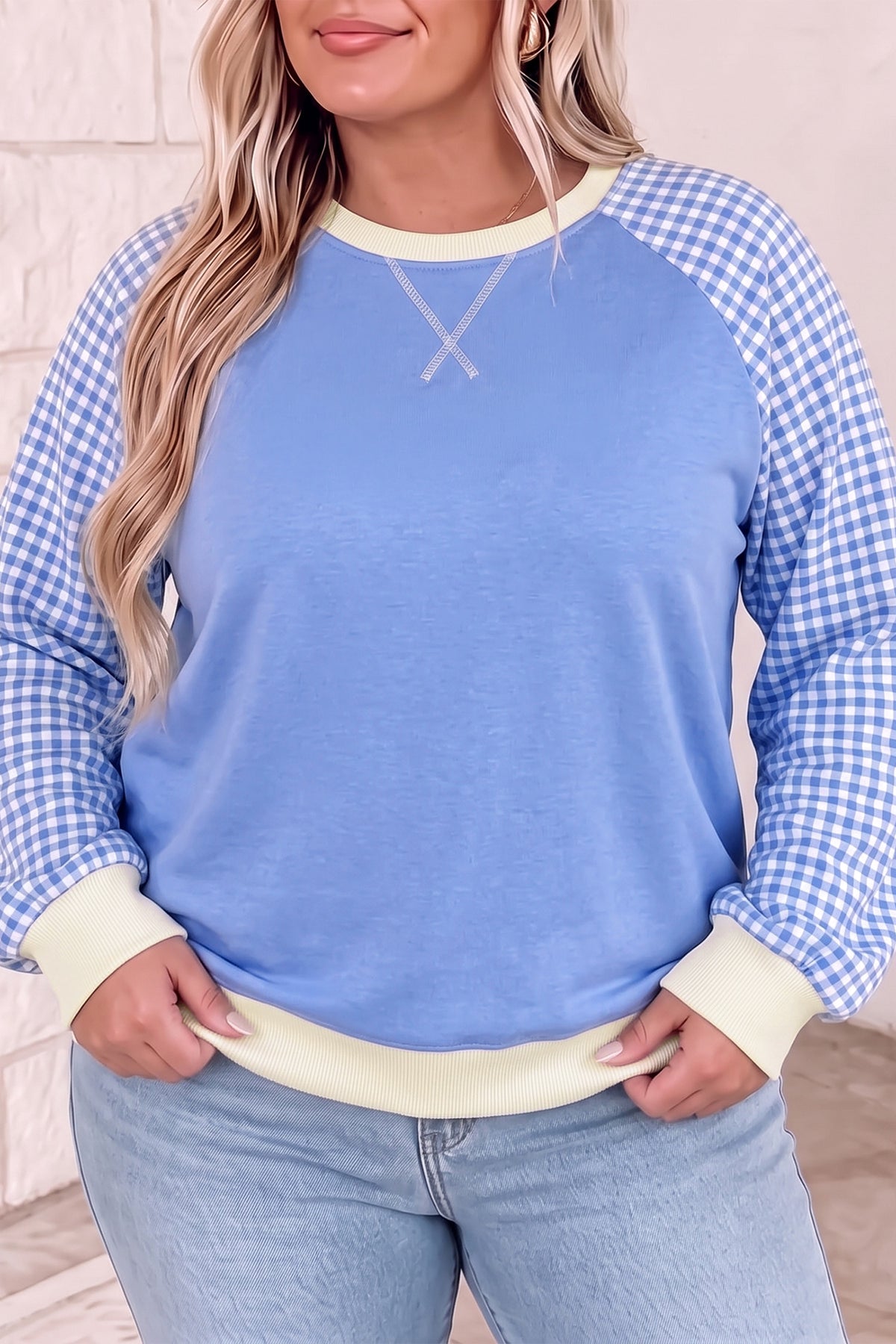 Light Blue Plaid Sleeve Plus Size Sweatshirt