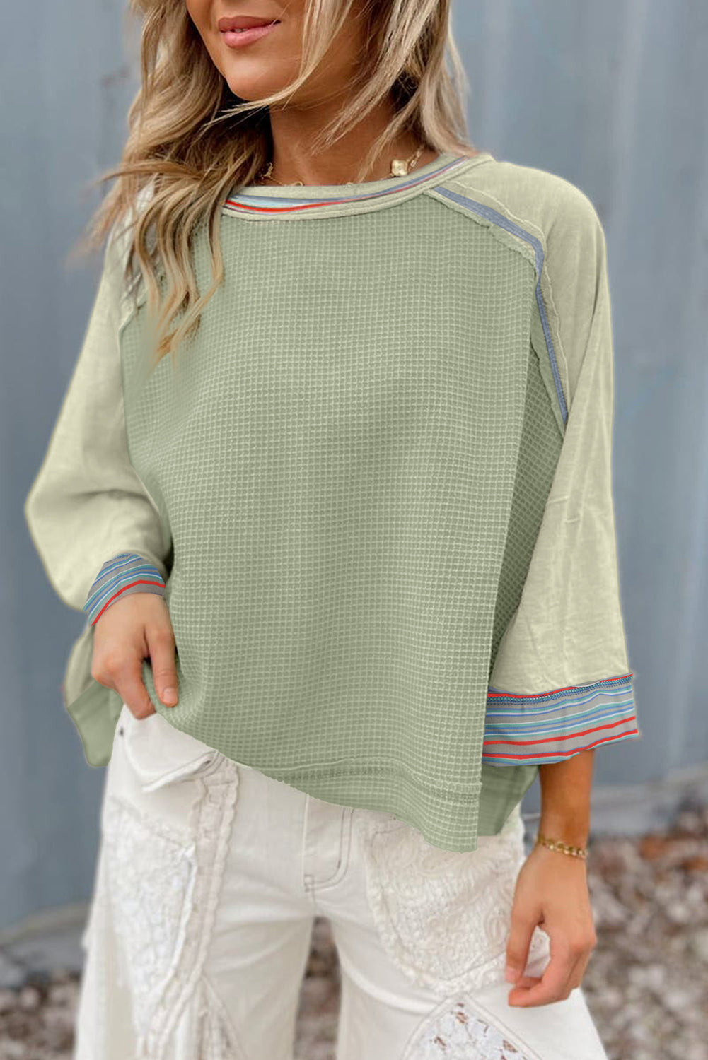 Meadow Mist Green Waffle Knit Raglan Top
