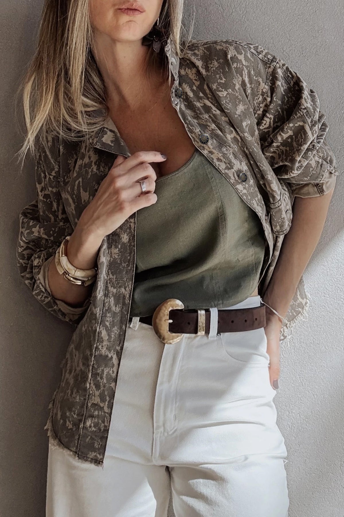 Khaki Print Long Sleeve Collar Denim Jacket