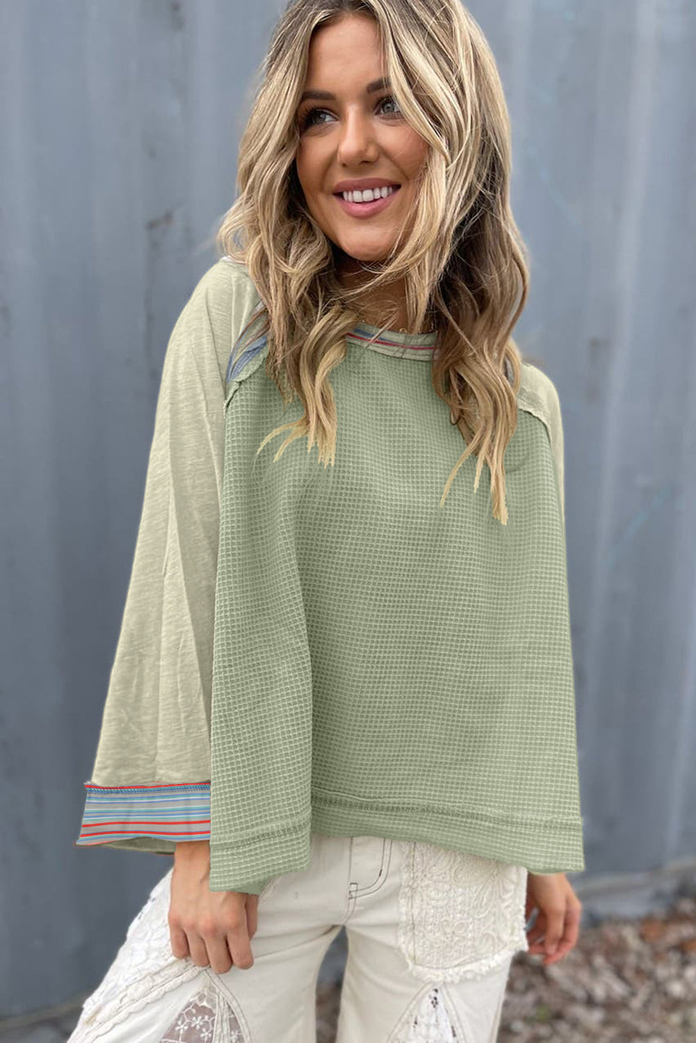 Meadow Mist Green Waffle Knit Raglan Top
