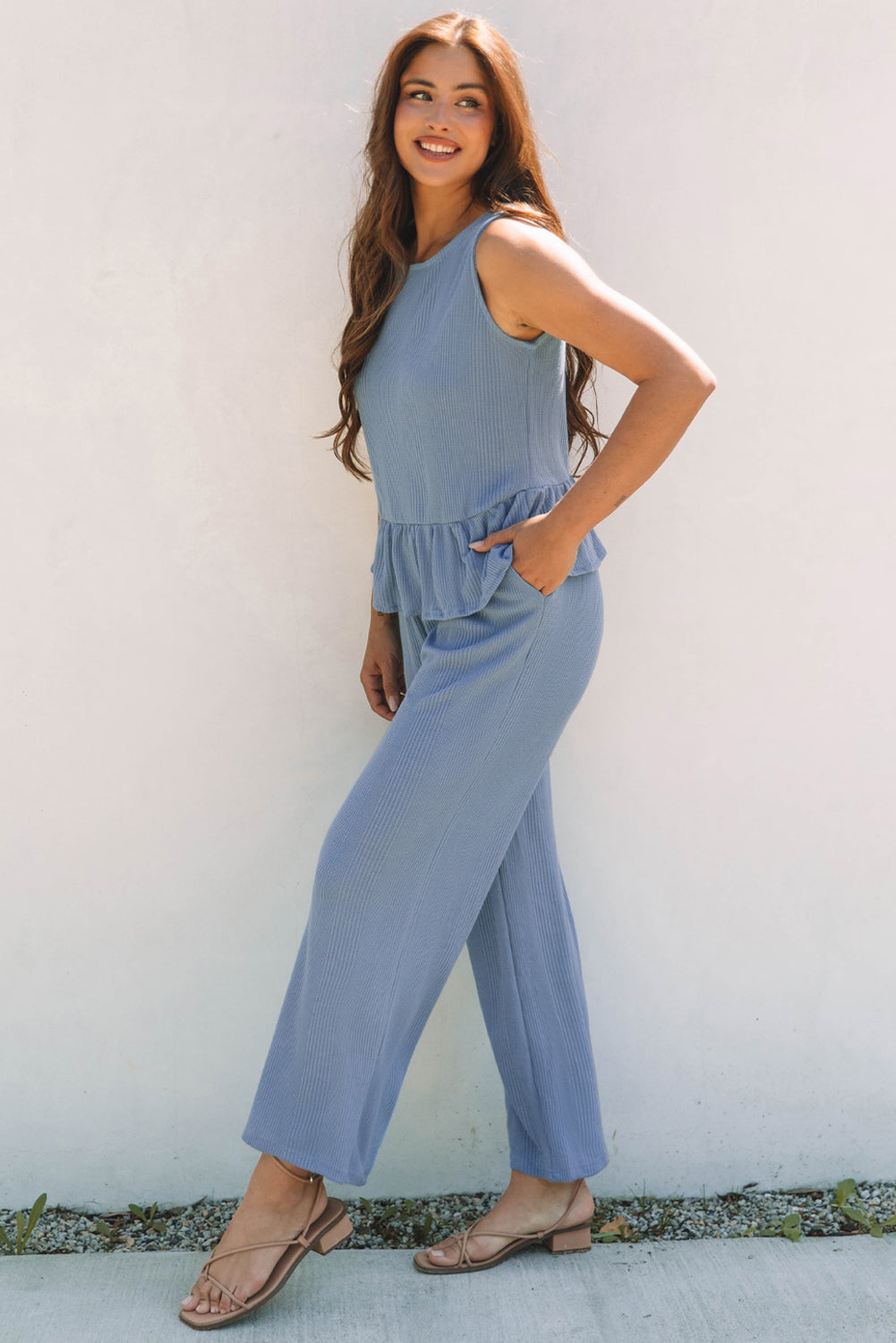 Duffel Green Solid Color Ribbed Ruffle Tank Top and Pants Set