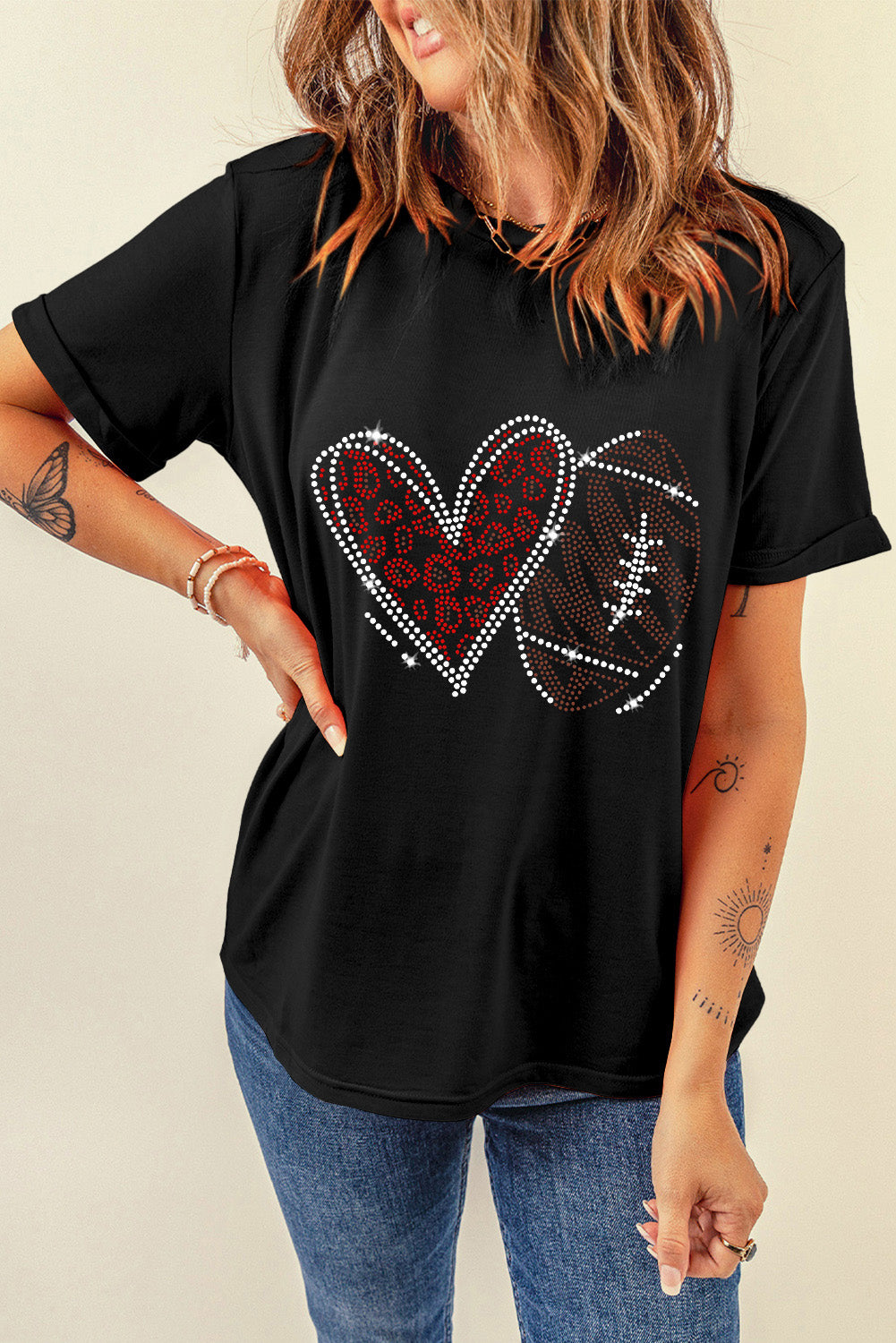 Black Rhinestone Football Heart Tee