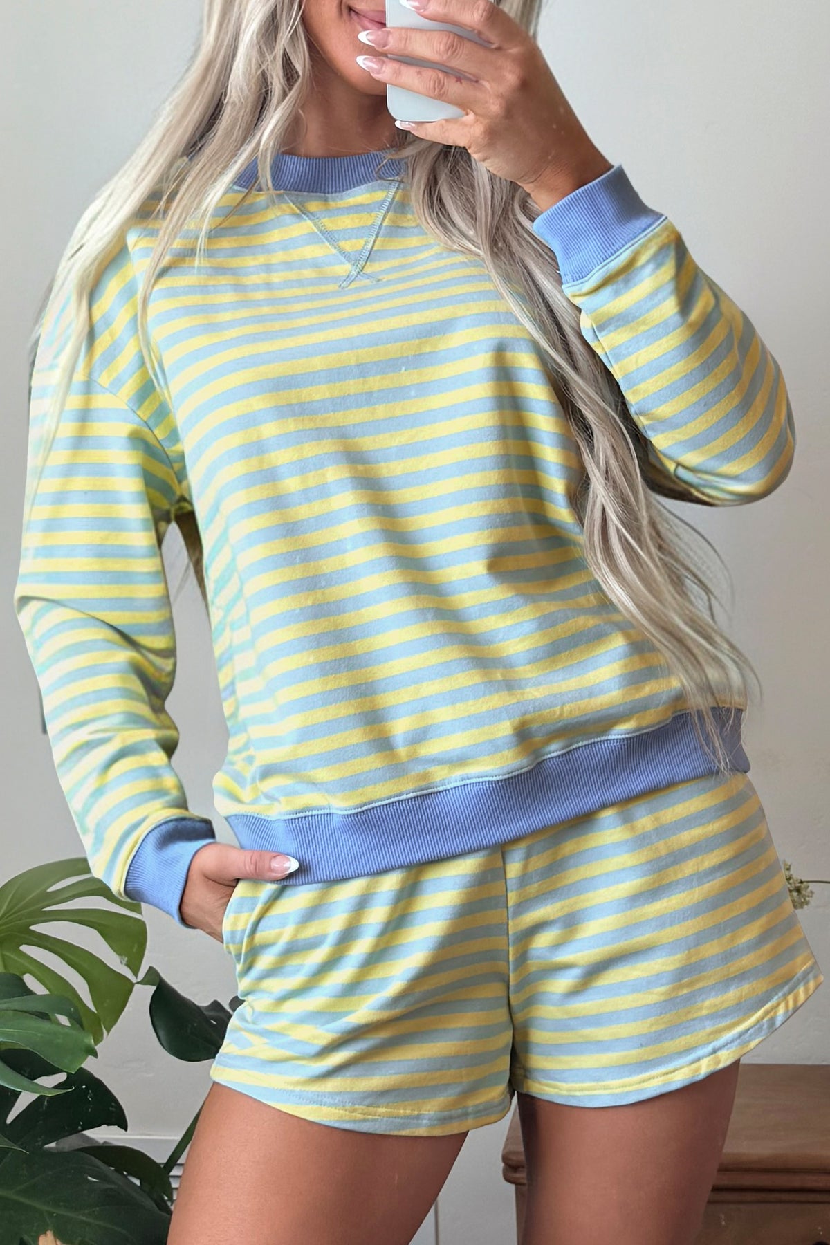 Pink Stripe Color Block Shorts 2pcs Set