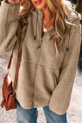 Pale Khaki Fleece Zip Up Drawstring Jacket