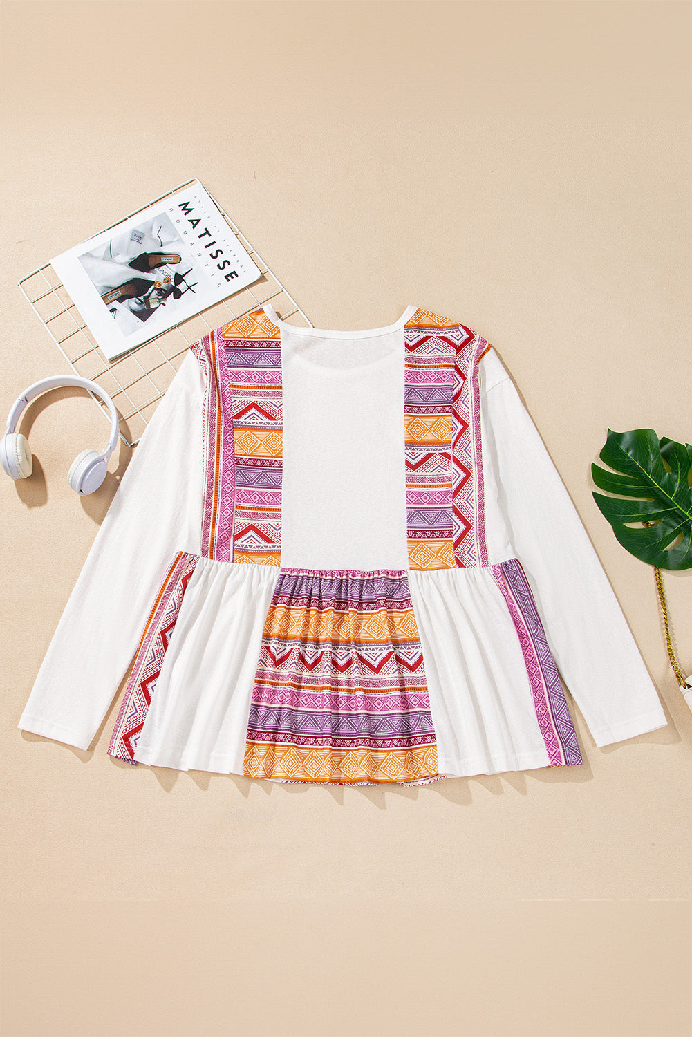 White Western Aztec Print Patchwork Babydoll Top