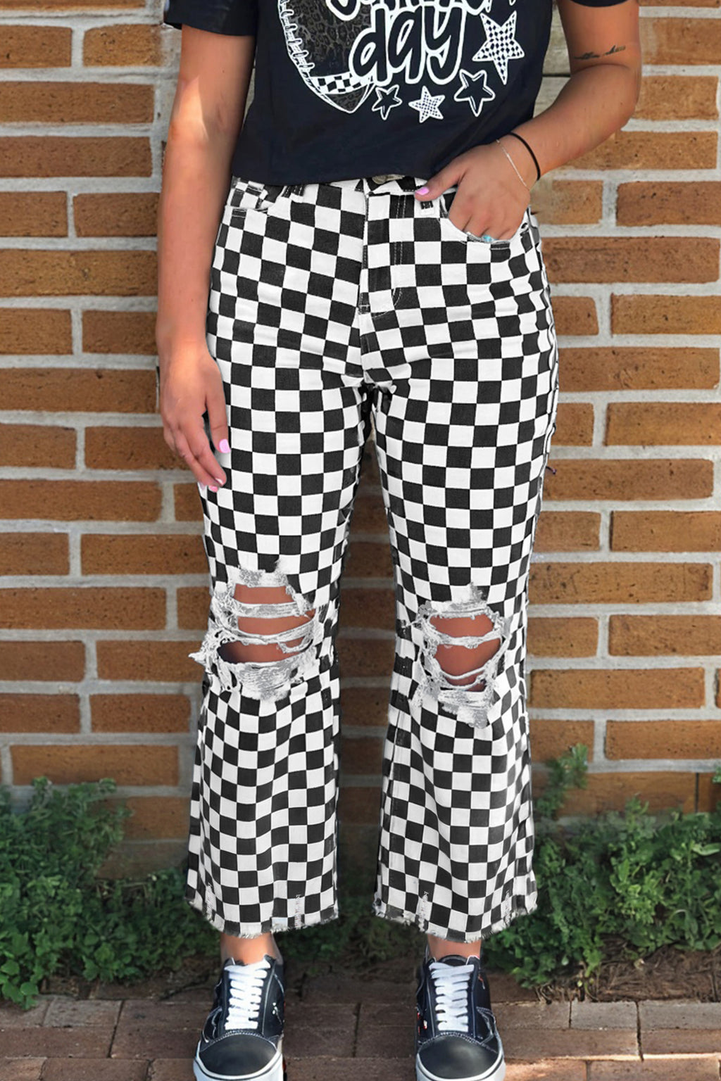 Black Checkerboard Print Distressed Holes Raw Edge Cropped Jeans