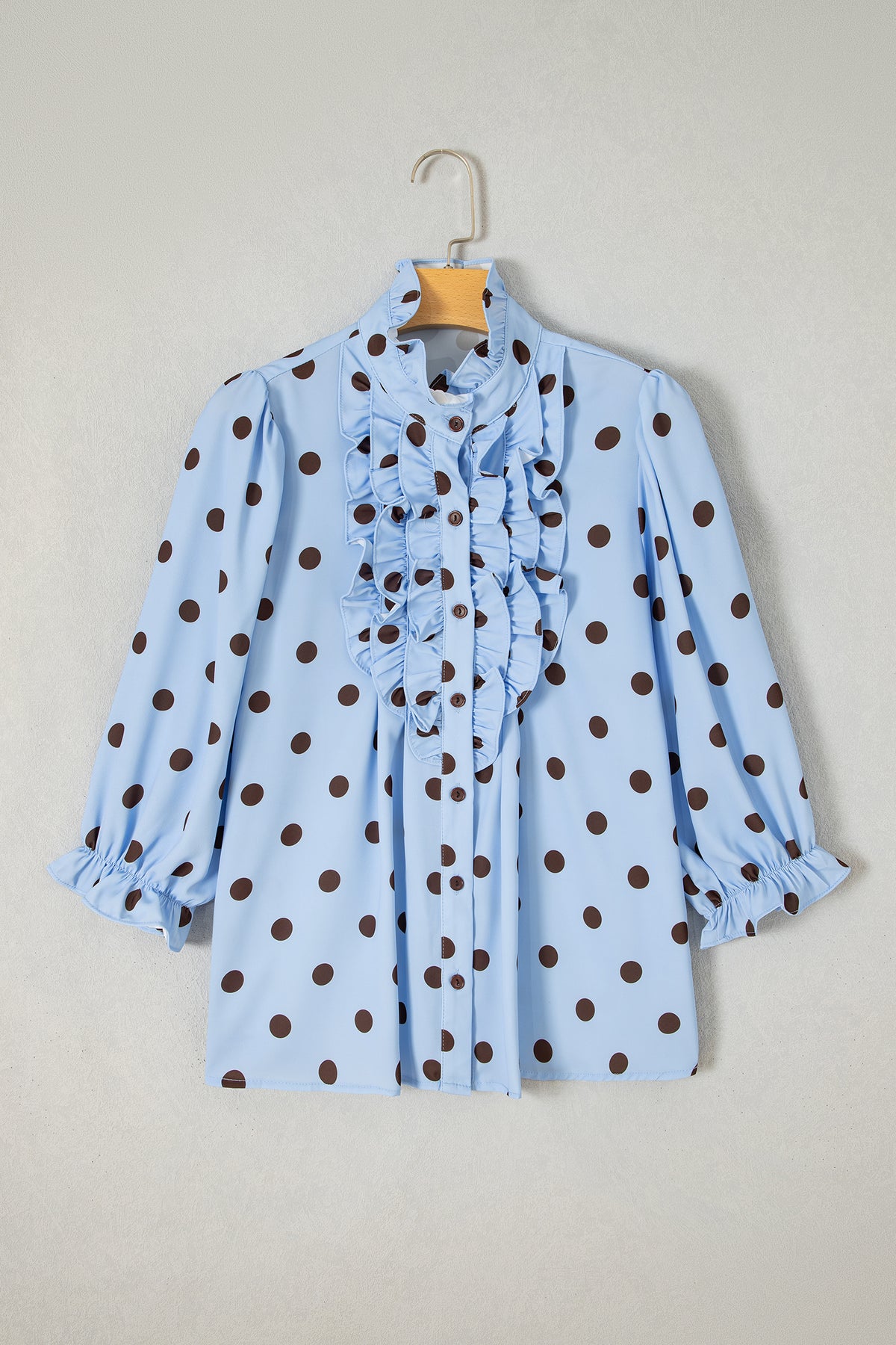 Sky Blue Polka Dot Print Ruffle Stand Neck 3/4 Sleeve Shift Shirt