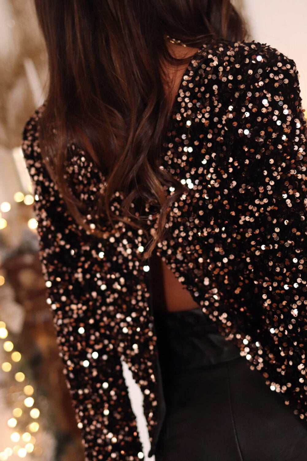 Coffee Sequin Long Sleeve Cutout Back Top