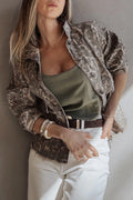 Khaki Print Long Sleeve Collar Denim Jacket