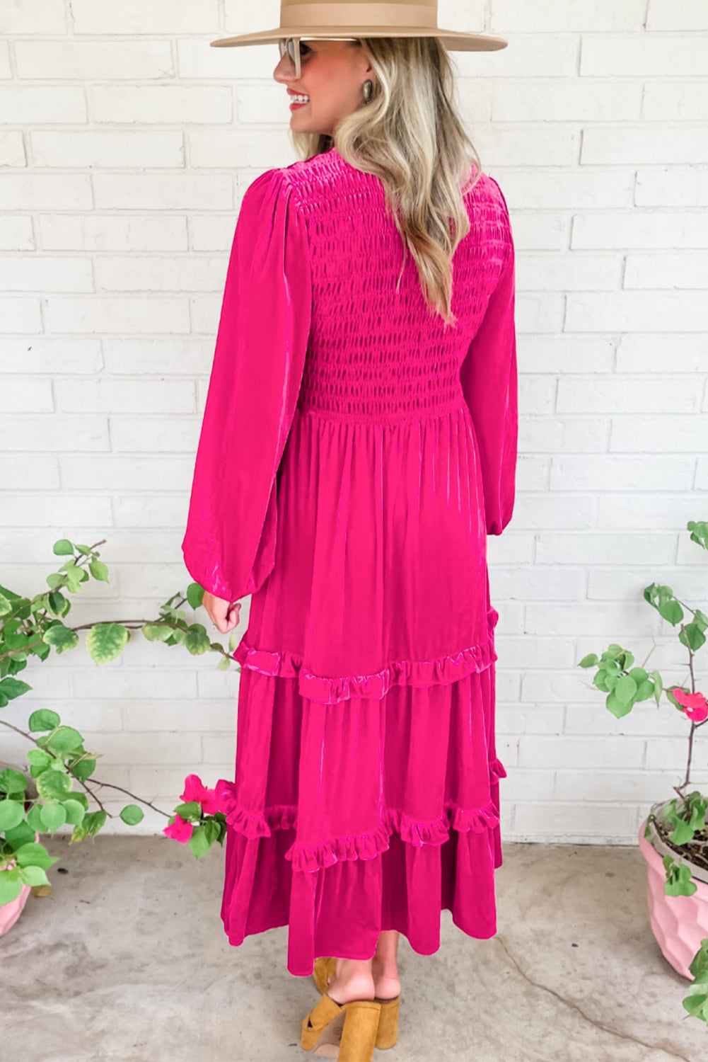 Rose Red Shirred Velvet Dress