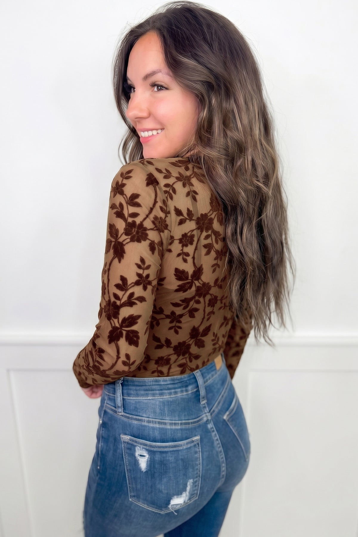 Apricot Floral Mesh Long Sleeve Top