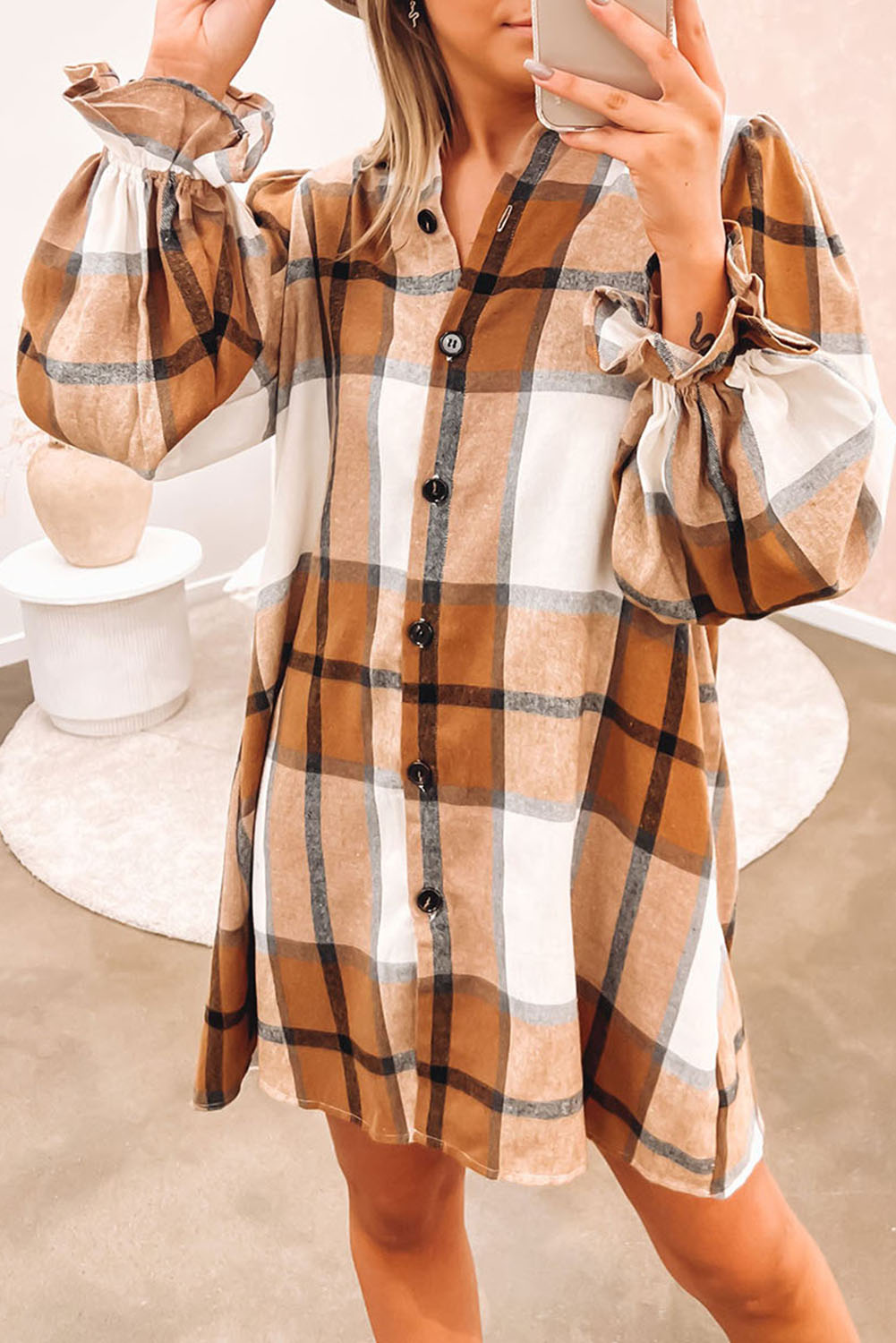 Khaki Plaid Pattern Shirt Dress
