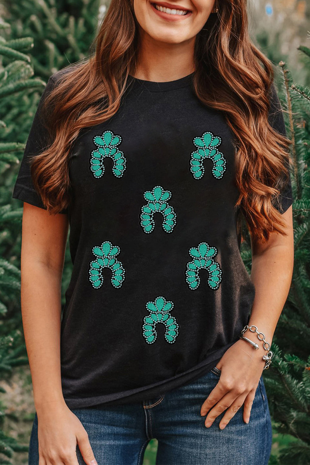 Black Western Turquoise Pattern Sequin Patched T Shirt