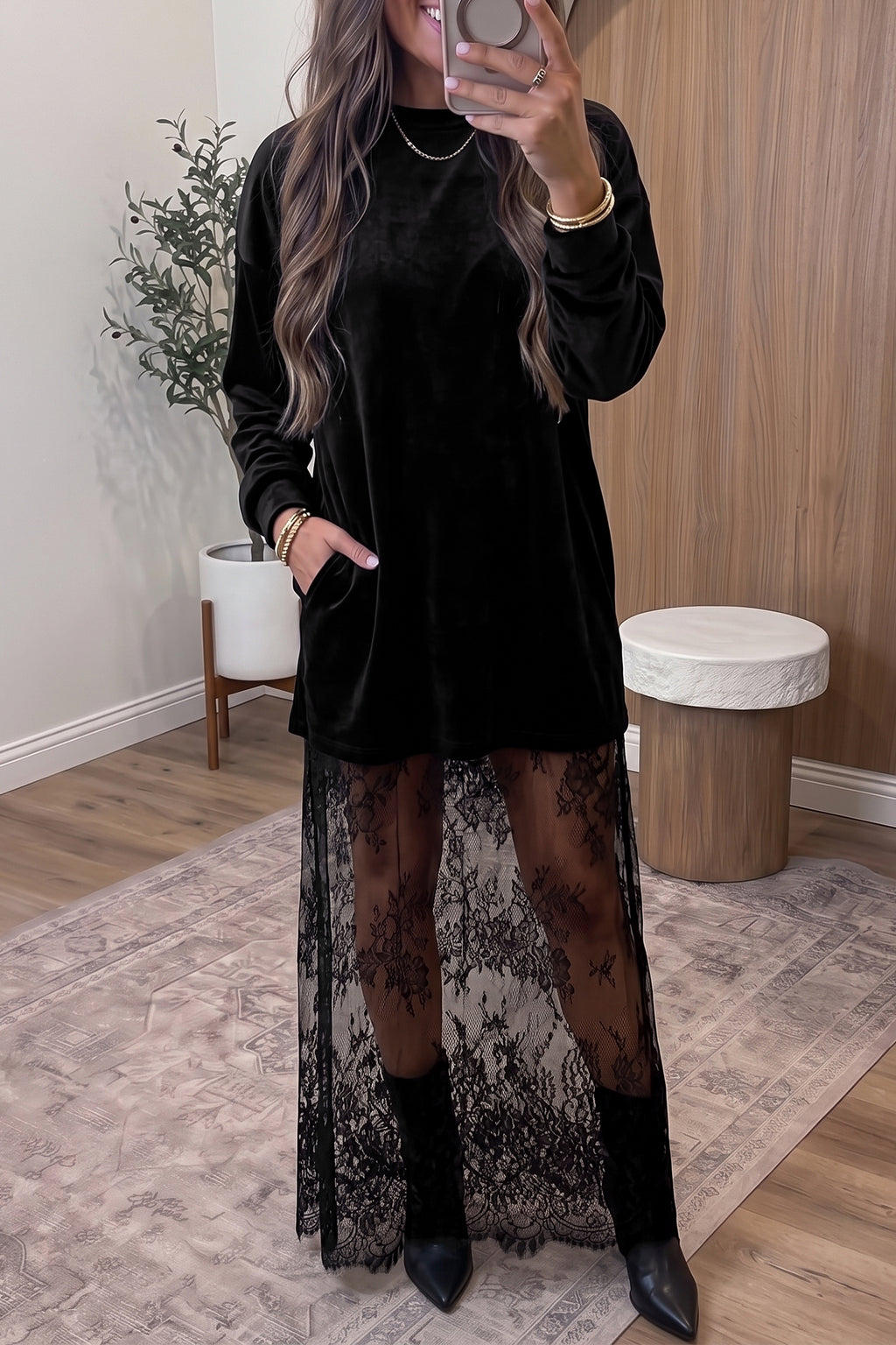 Black Velvet Long Sleeve Maxi Dress