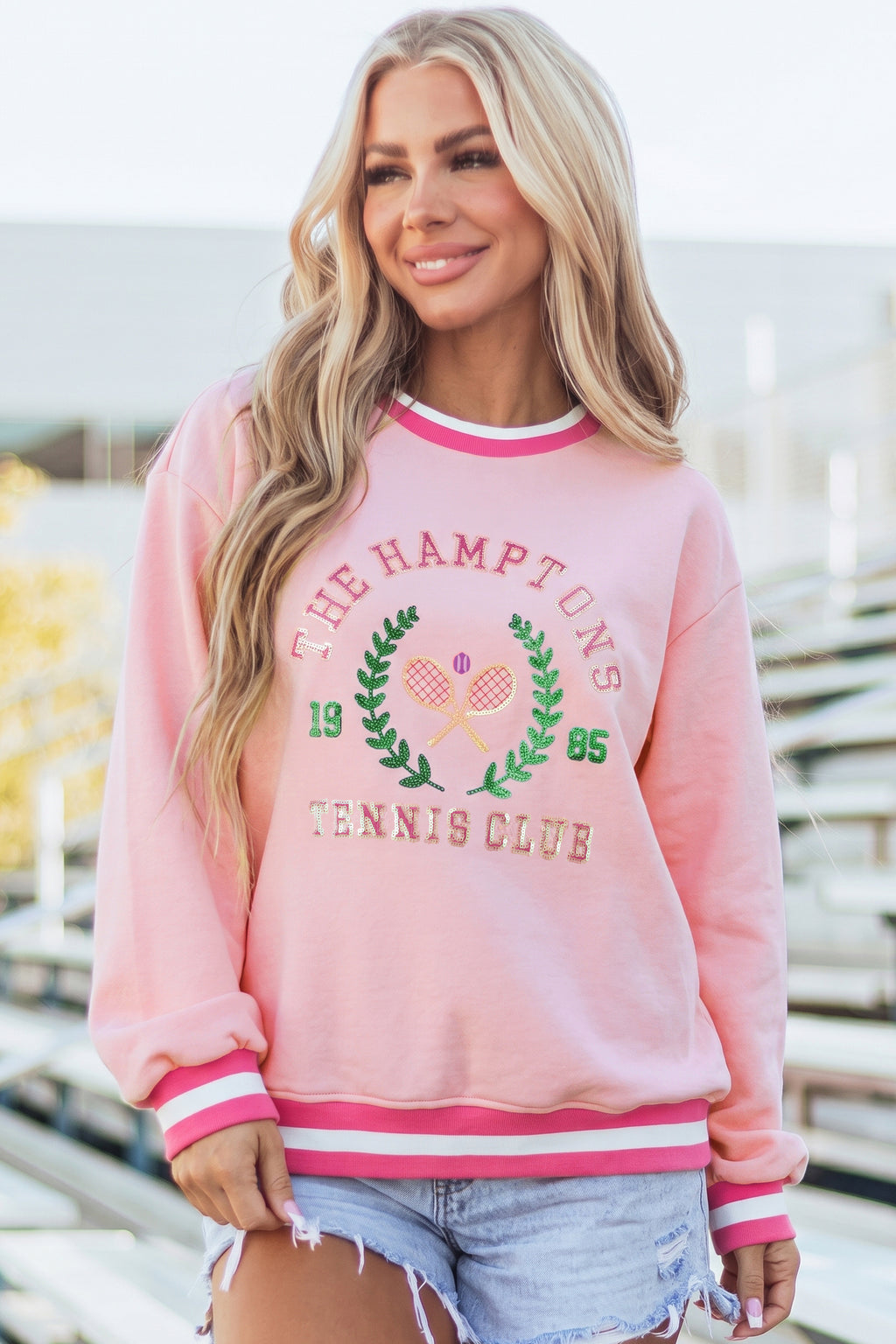 Pink Embroidered Tennis Pullover Sweatshirt