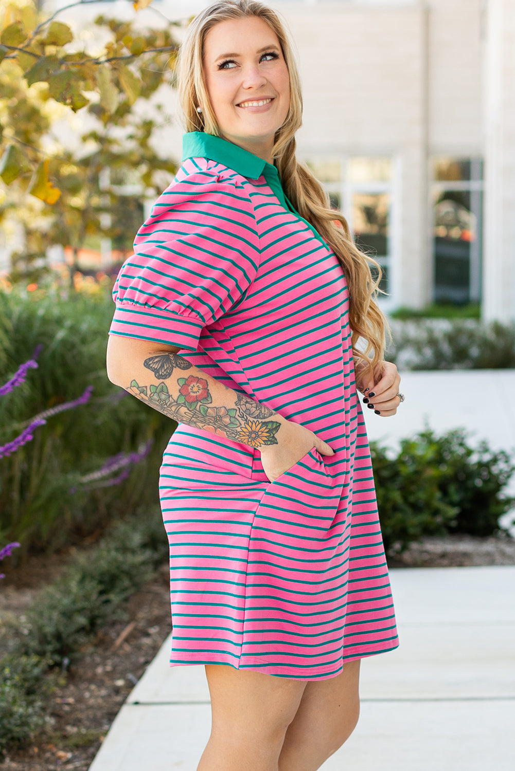 Rose Stripe Collared V Neck Puff Sleeve Shift T Shirt Dress with Pockets