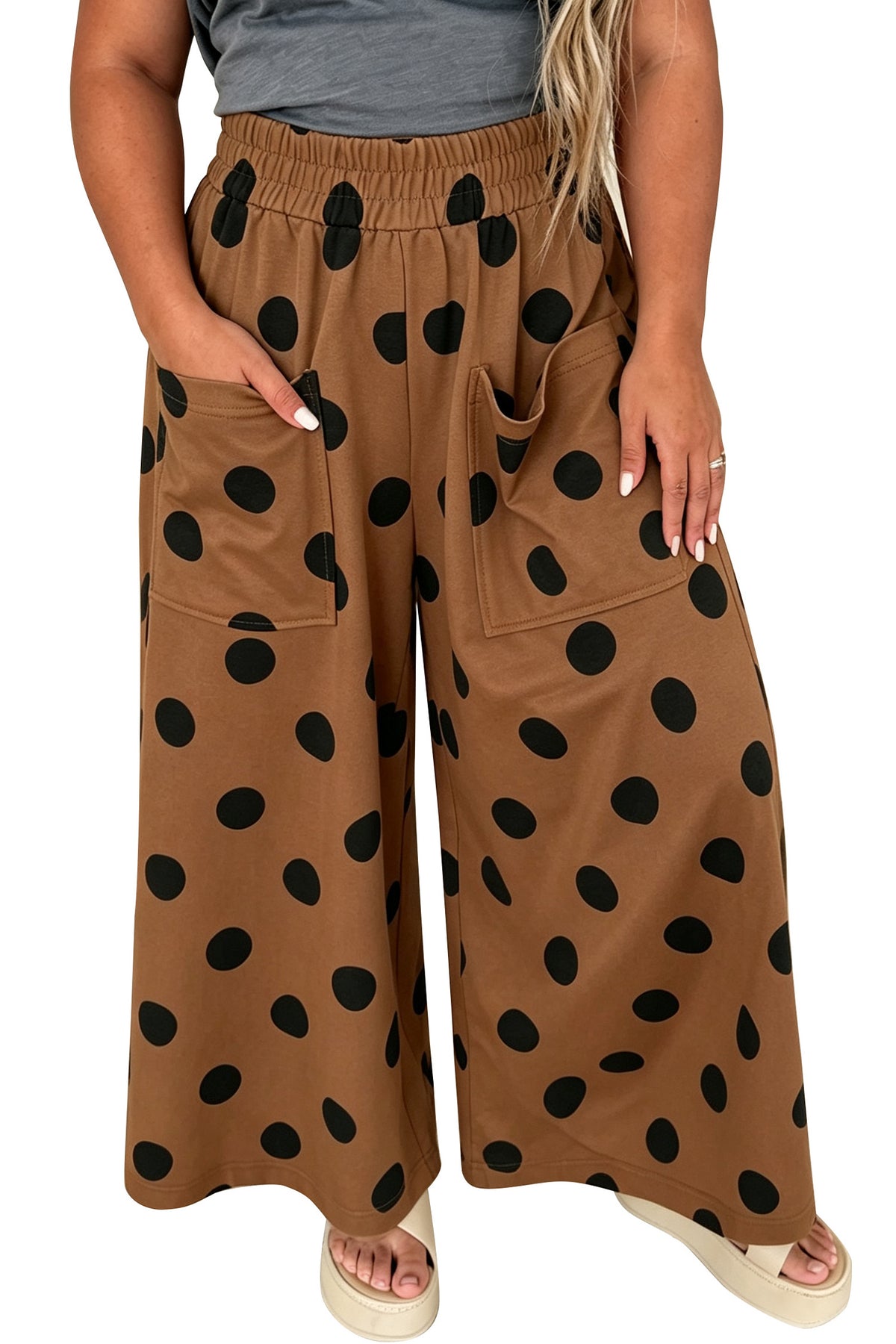 Brown Polka Dot Wide Leg Plus Size Pants