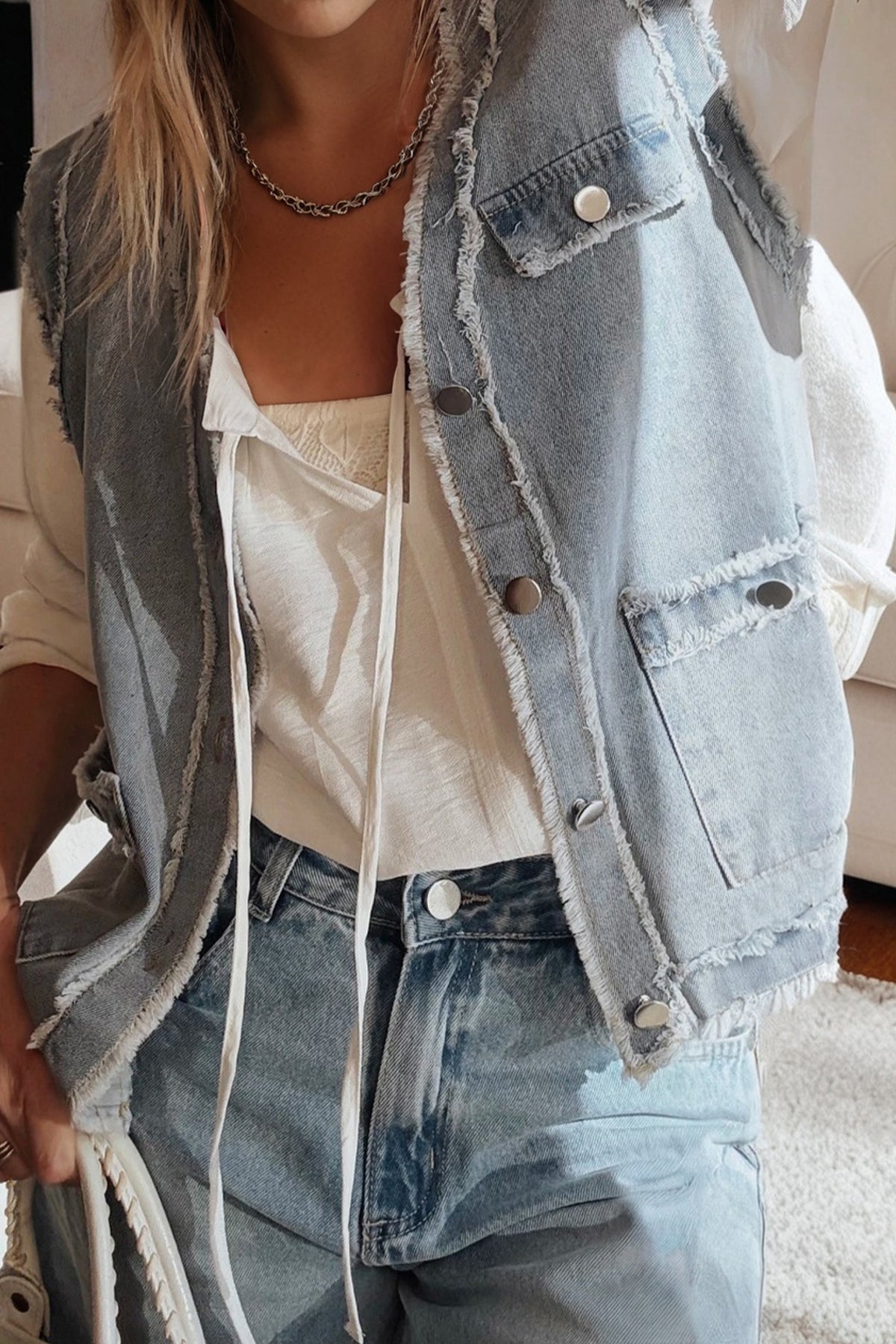 Beau Blue Frayed Edge Vest Jacket