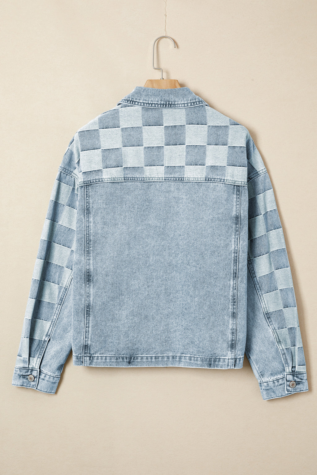 Beau Blue Denim Checkered Pattern Casual Jacket