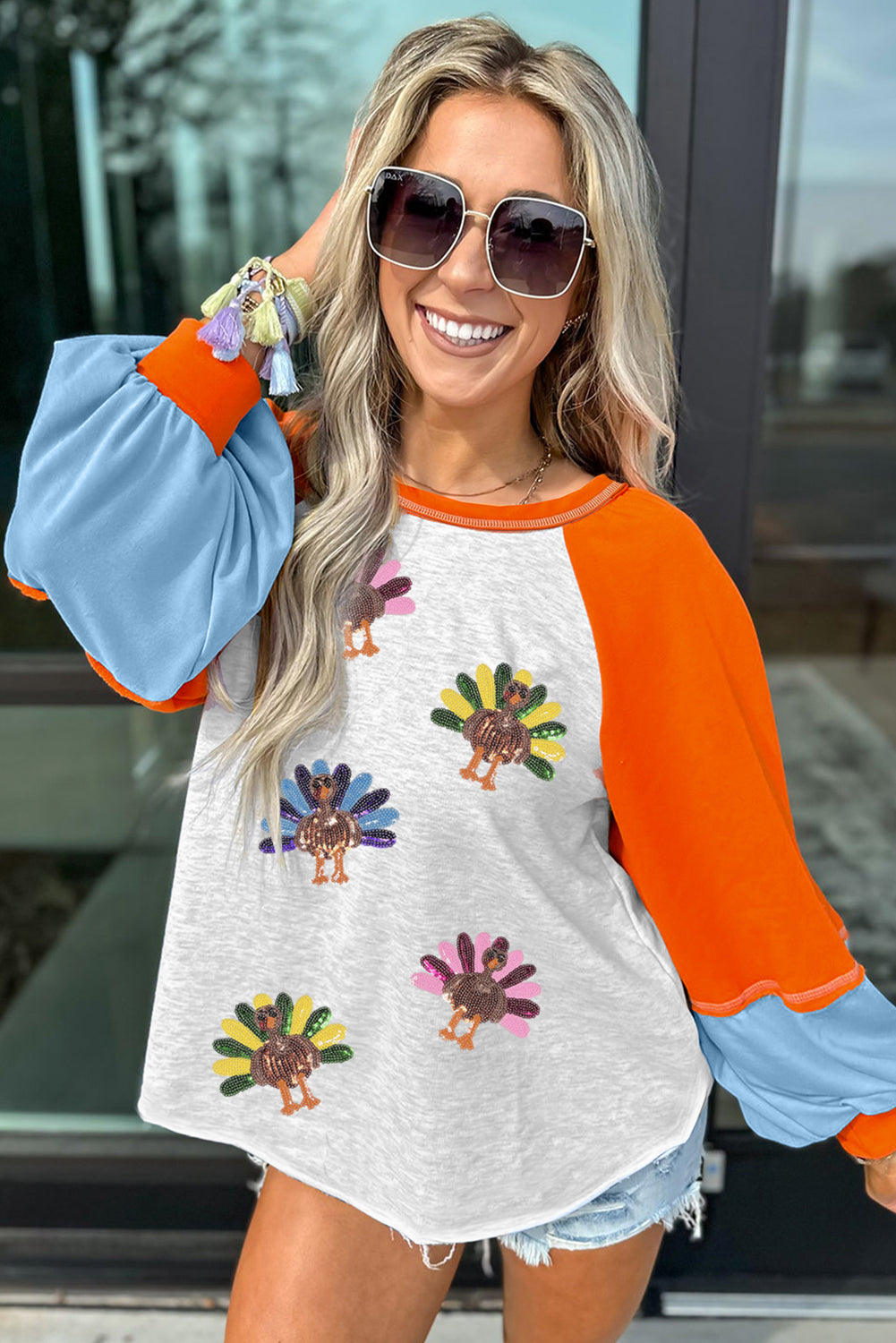 Light Grey Thanksgiving Turkey Sequin Top