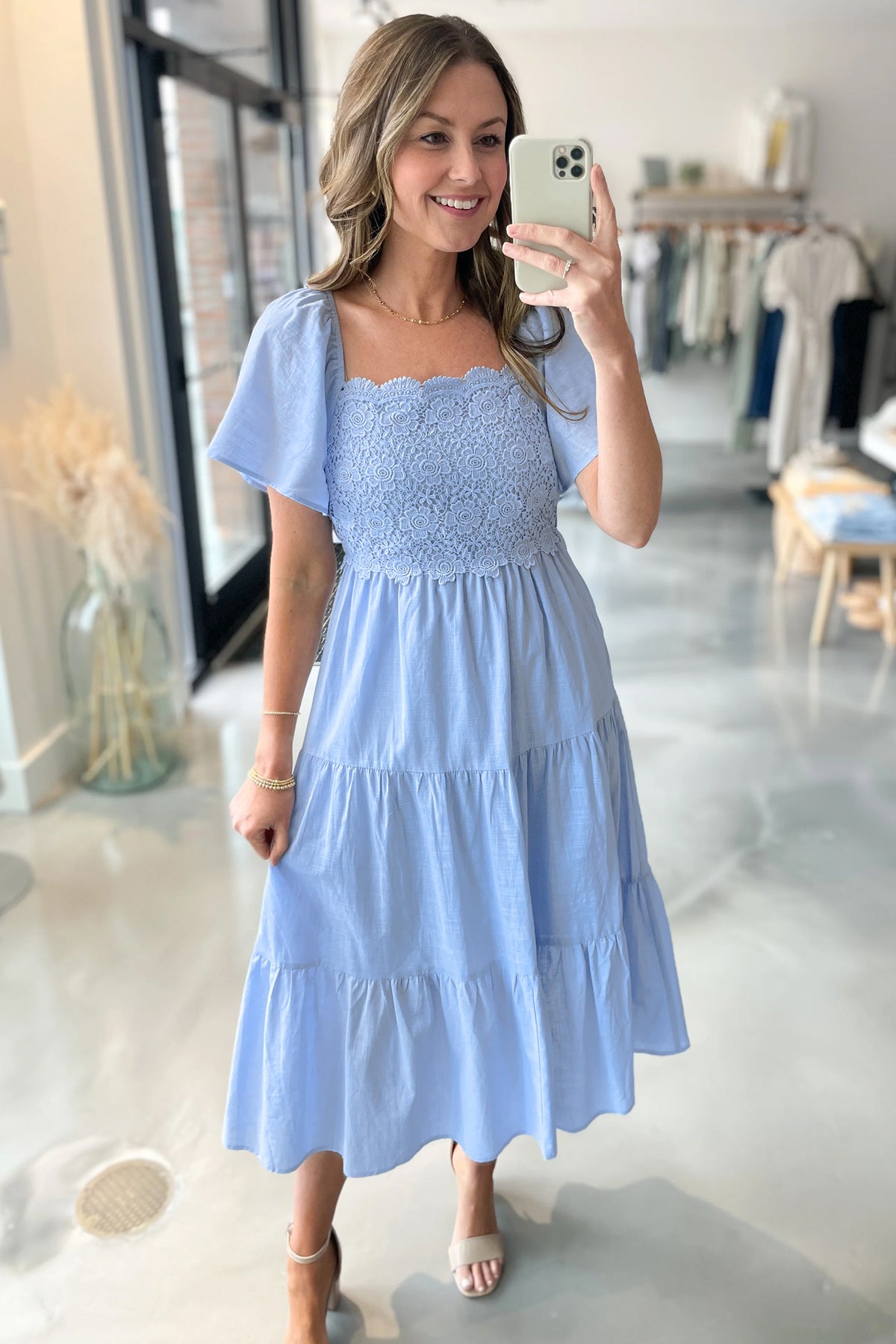 Beau Blue Flowy Short Sleeve Midi Dress